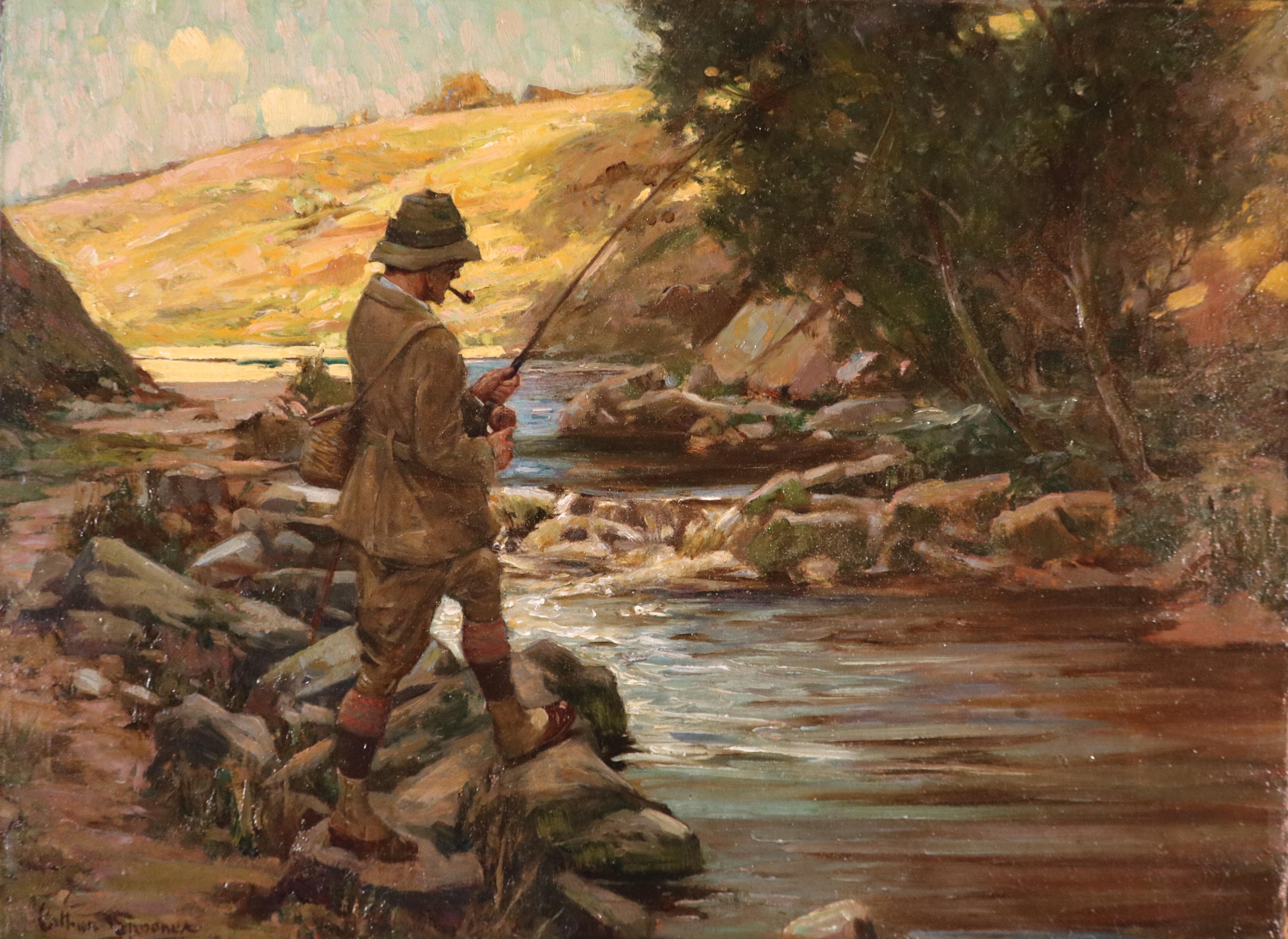 Arthur Spooner Landscape Painting - "Fisherman on the bank of a river"