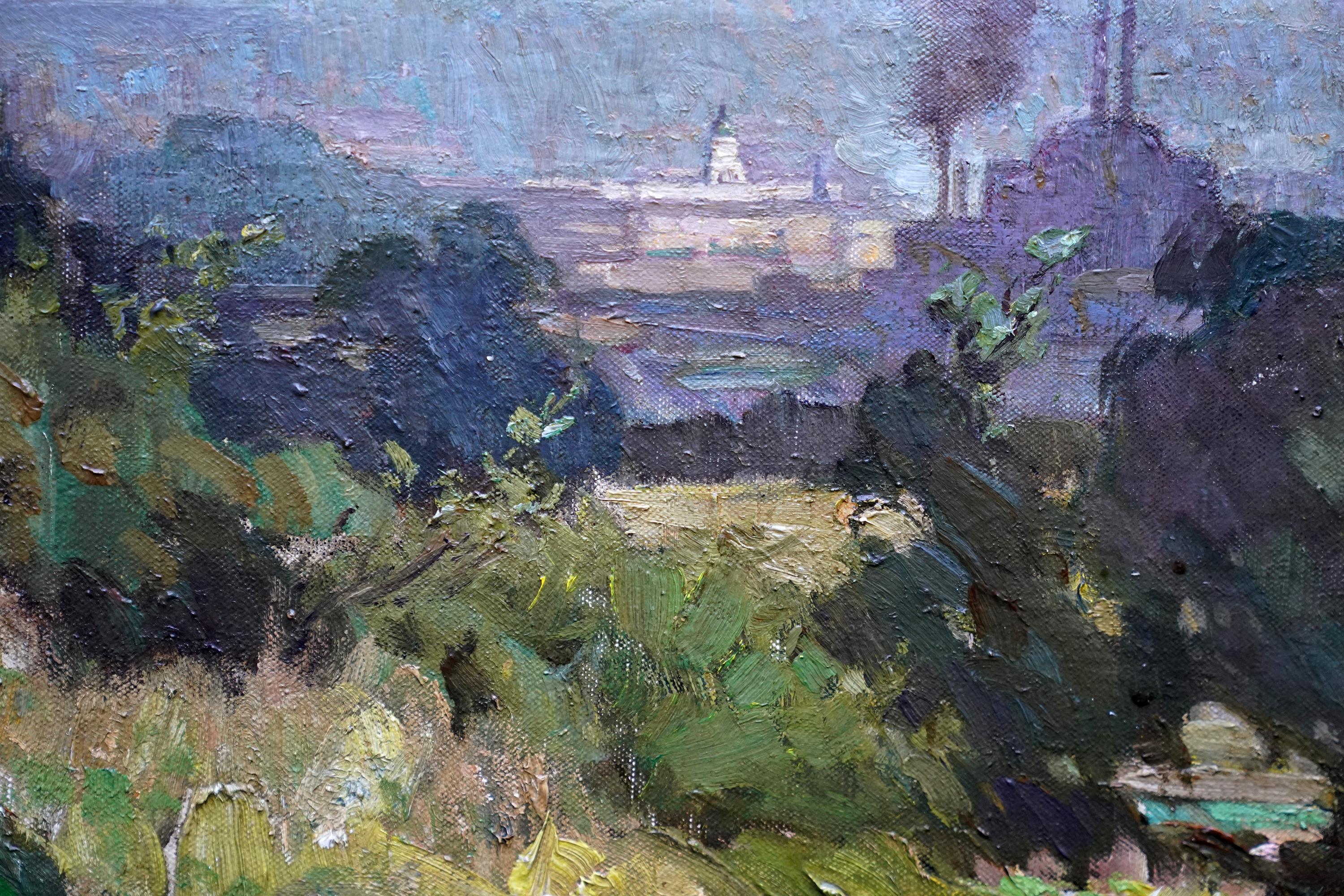 Nottingham desde Clifton Hall - Paisaje impresionista británico de los años 40 pintado al óleo en venta 5