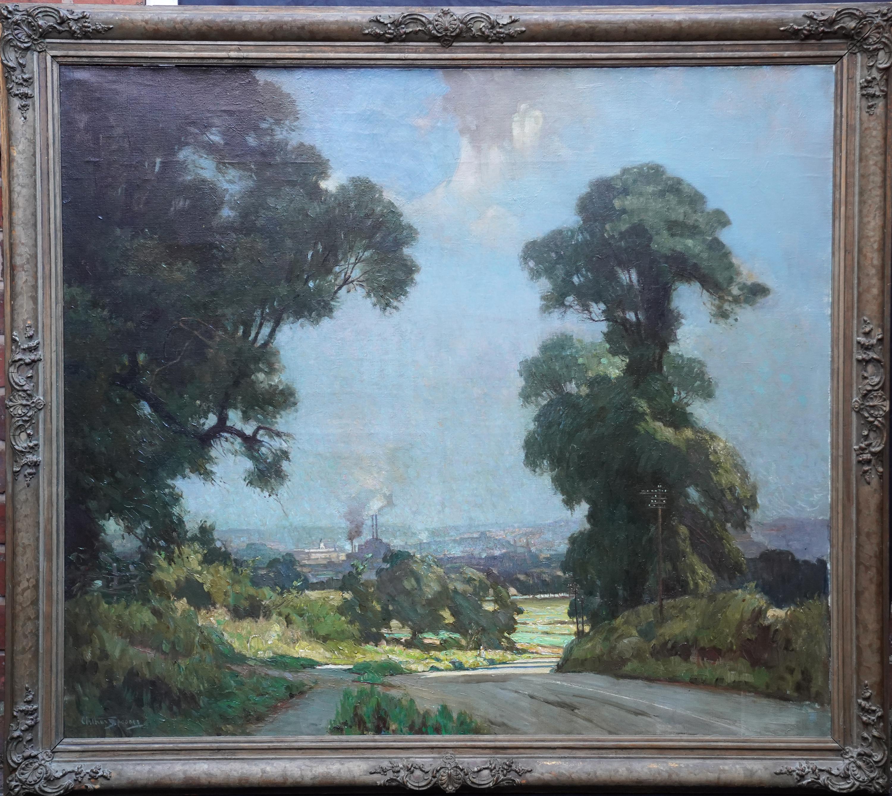 Nottingham desde Clifton Hall - Paisaje impresionista británico de los años 40 pintado al óleo en venta 9