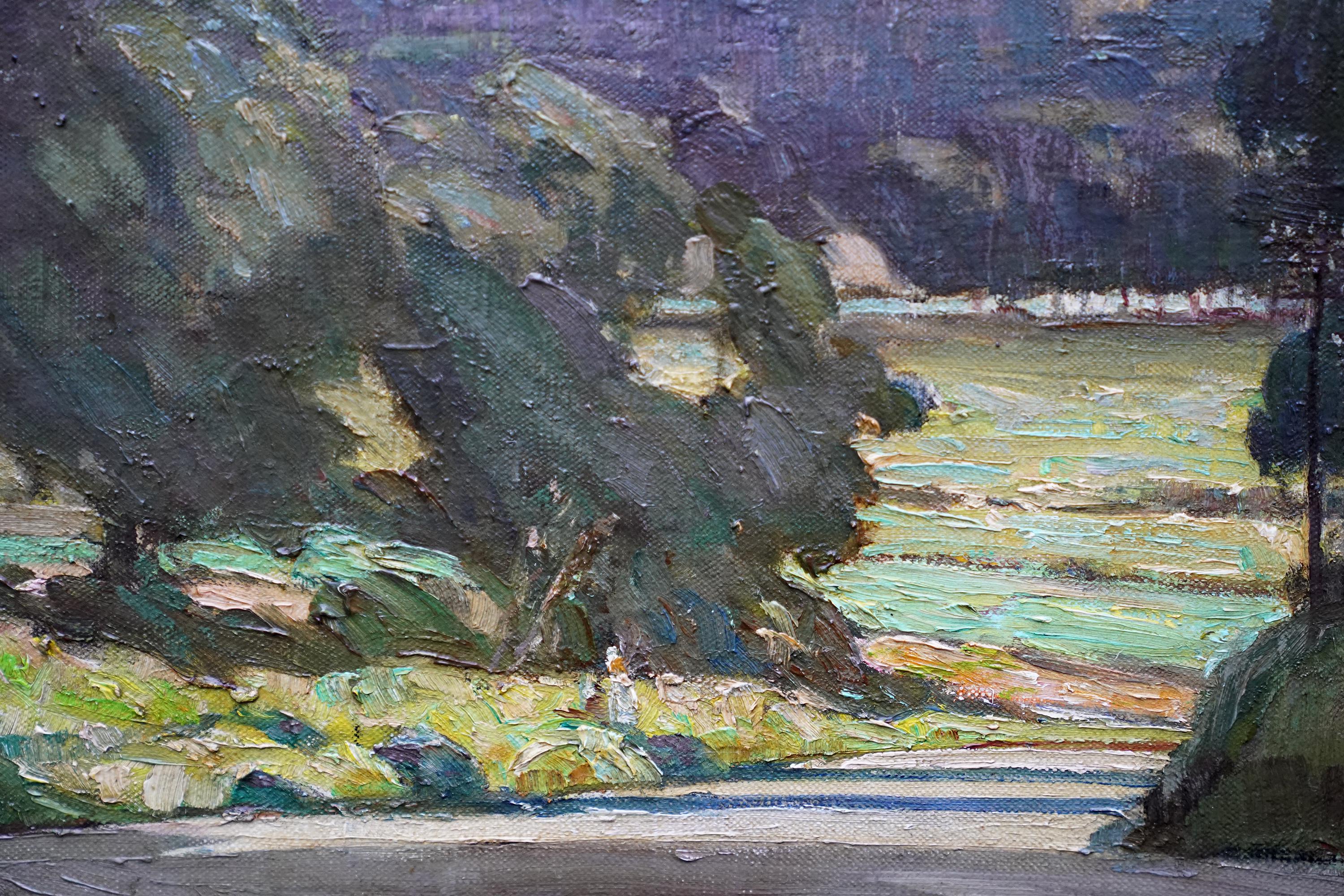 Nottingham desde Clifton Hall - Paisaje impresionista británico de los años 40 pintado al óleo en venta 3