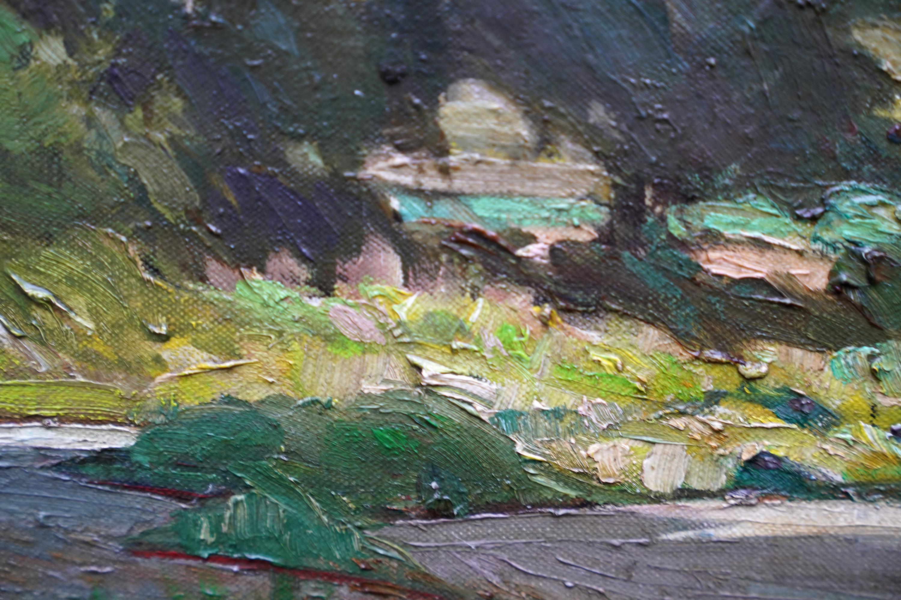 Nottingham desde Clifton Hall - Paisaje impresionista británico de los años 40 pintado al óleo en venta 4