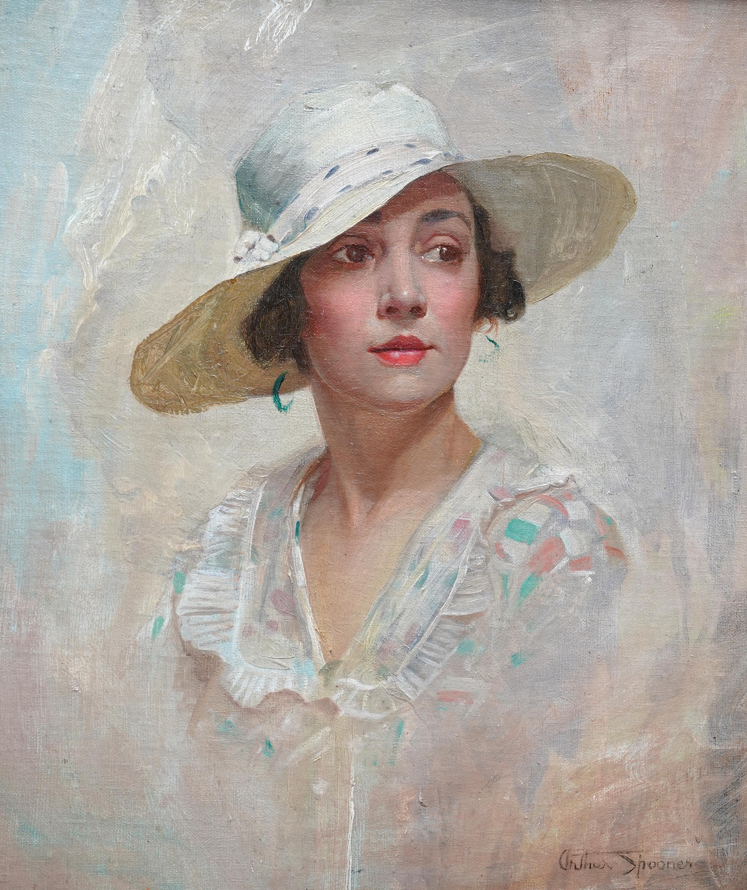 Porträt einer Dame mit weißem Hut - Ölgemälde im Stil des britischen Impressionismus – Painting von Arthur Spooner