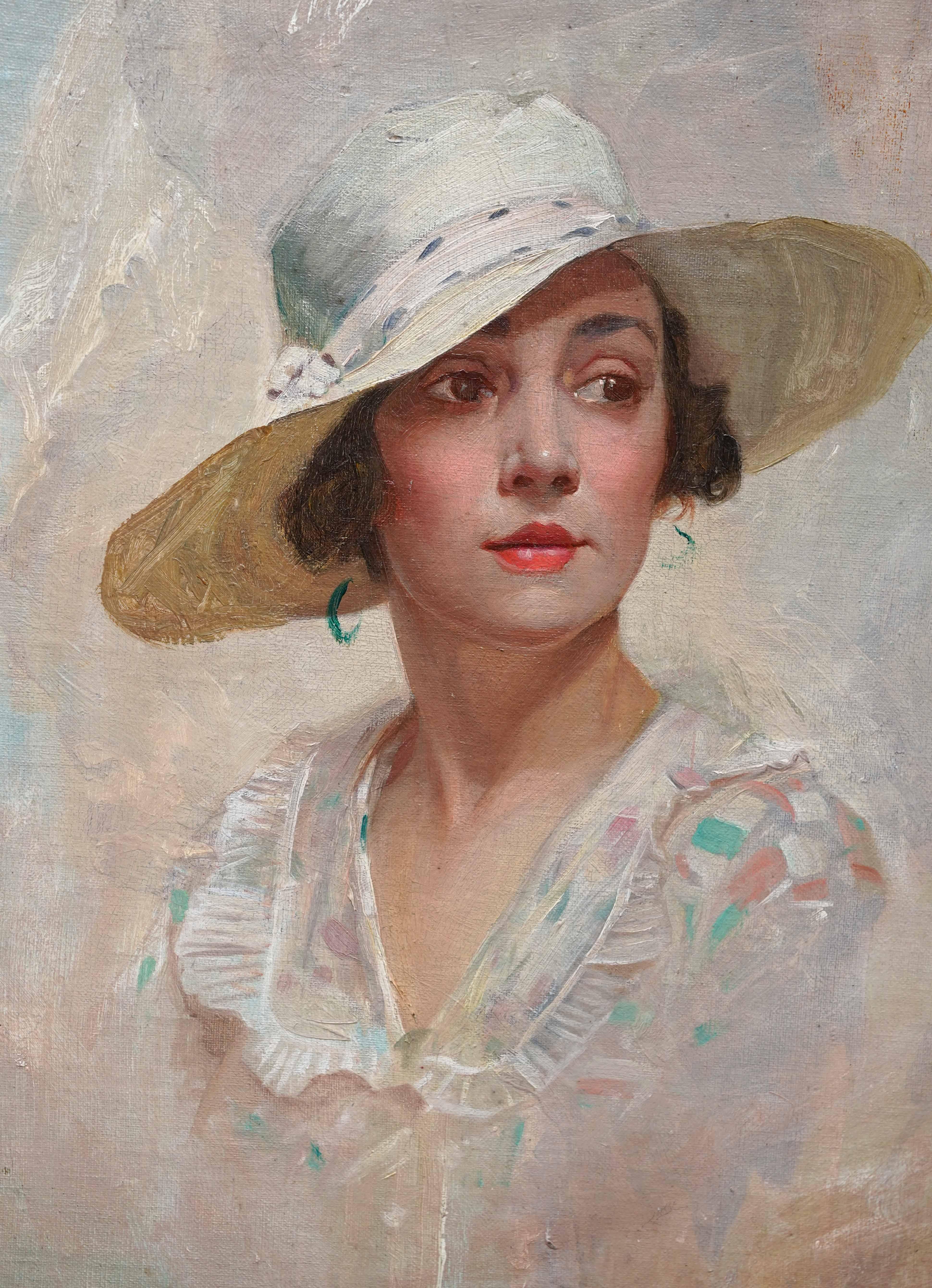 Porträt einer Dame mit weißem Hut - Ölgemälde im Stil des britischen Impressionismus (Grau), Portrait Painting, von Arthur Spooner