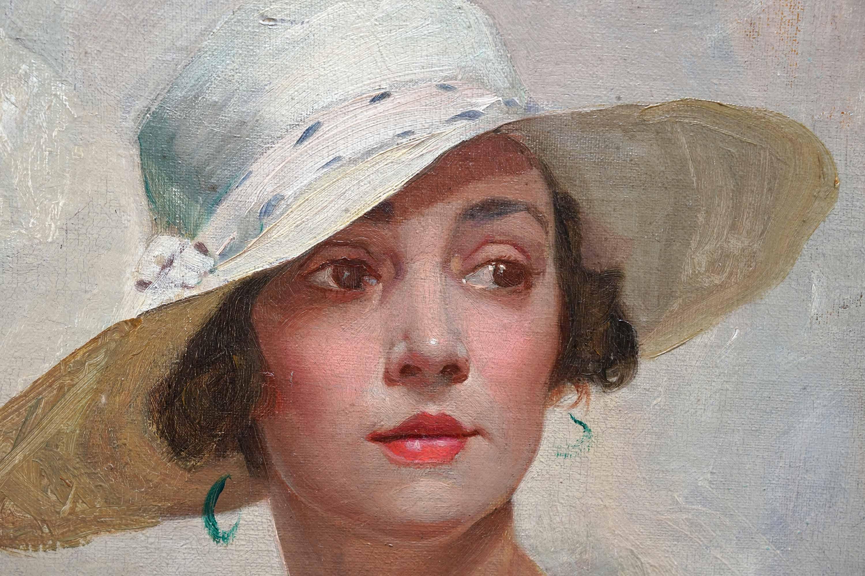 Porträt einer Dame mit weißem Hut - Ölgemälde im Stil des britischen Impressionismus im Angebot 2