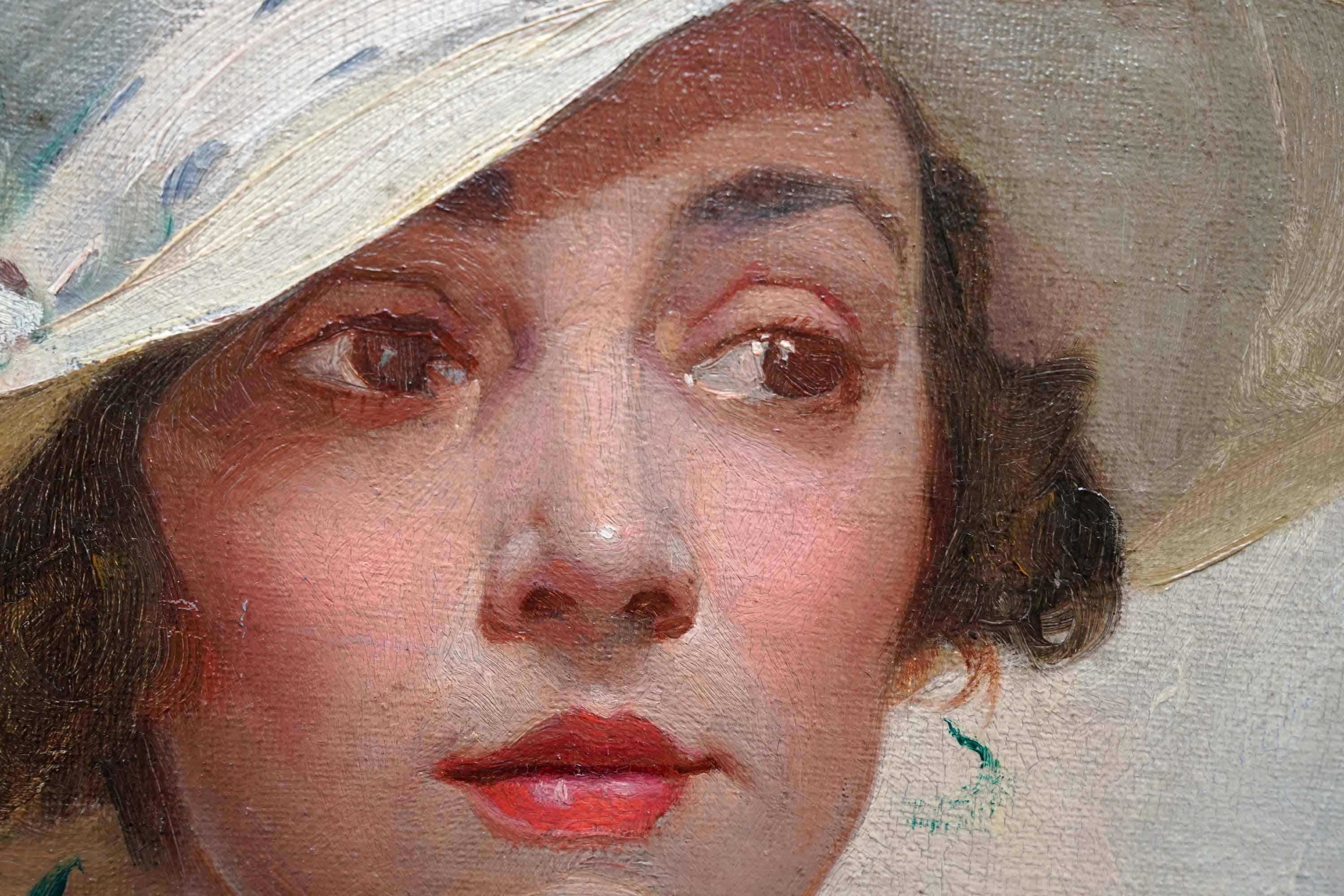 Porträt einer Dame mit weißem Hut - Ölgemälde im Stil des britischen Impressionismus im Angebot 3