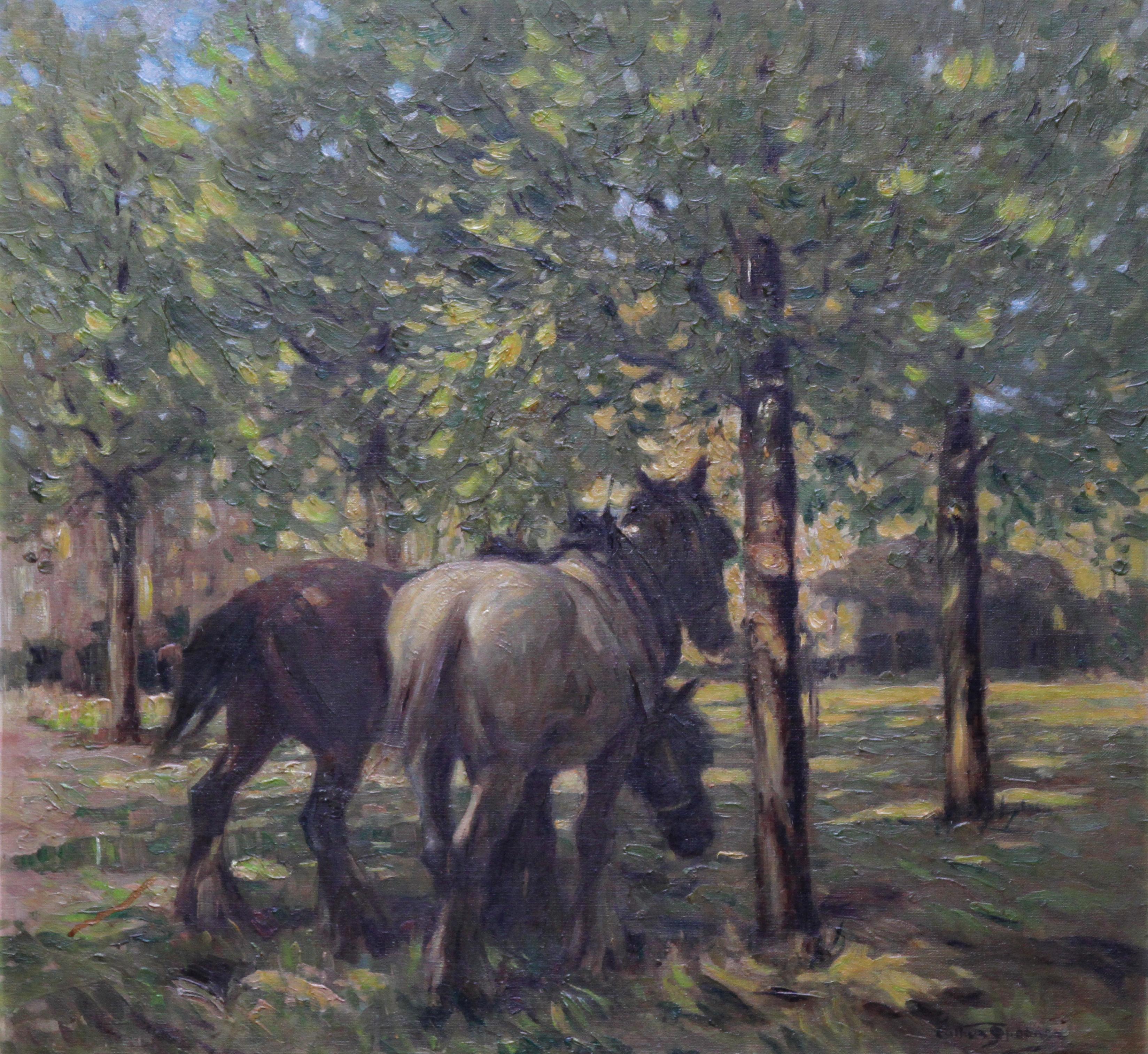 Portrait of Horses in Dappled Sunlight - British 30's Impressionist oil painting For Sale 8