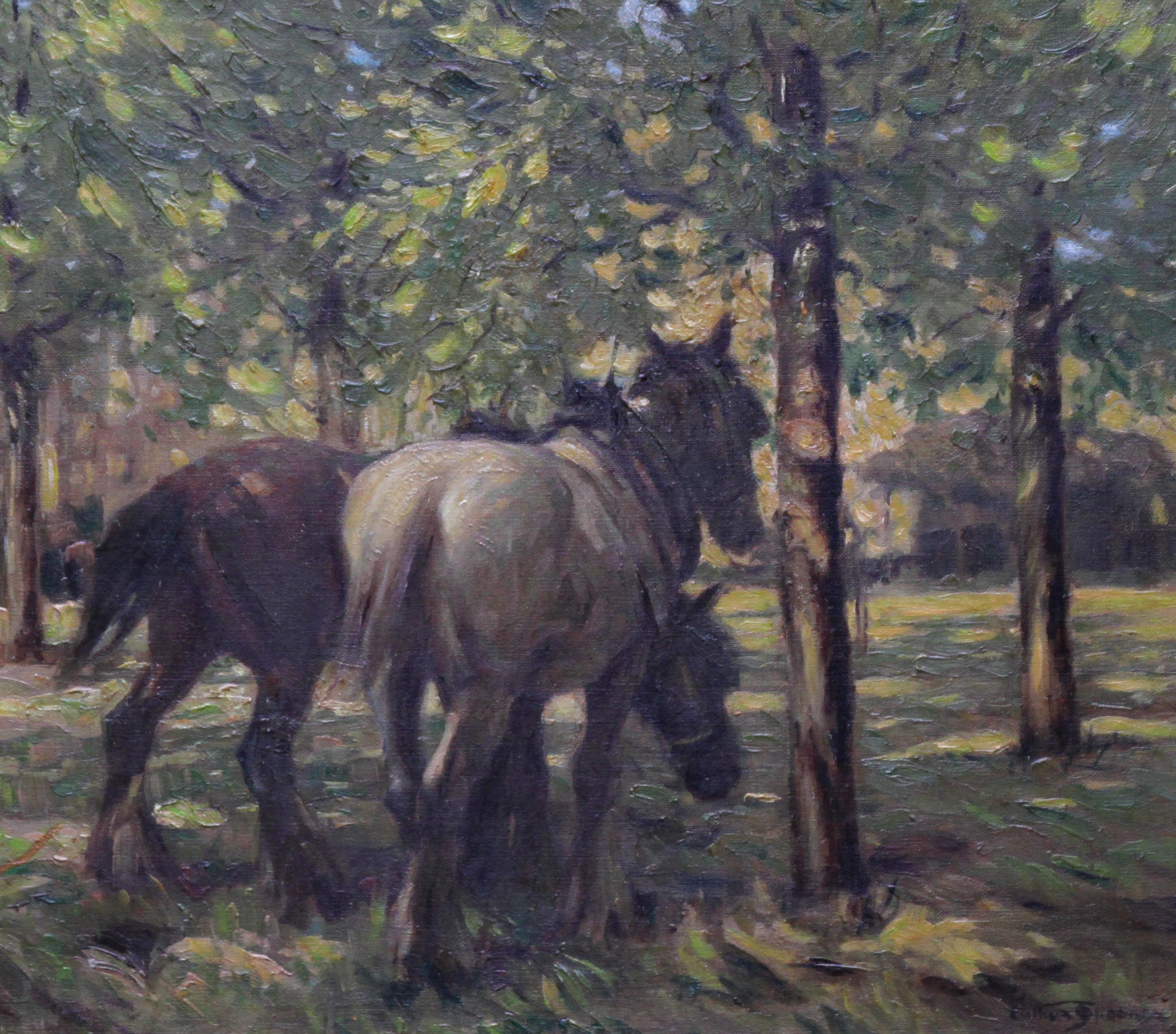 Portrait de chevaux à la lumière du soleil décalé - peinture à l'huile impressionniste britannique des années 30 - Impressionnisme Painting par Arthur Spooner