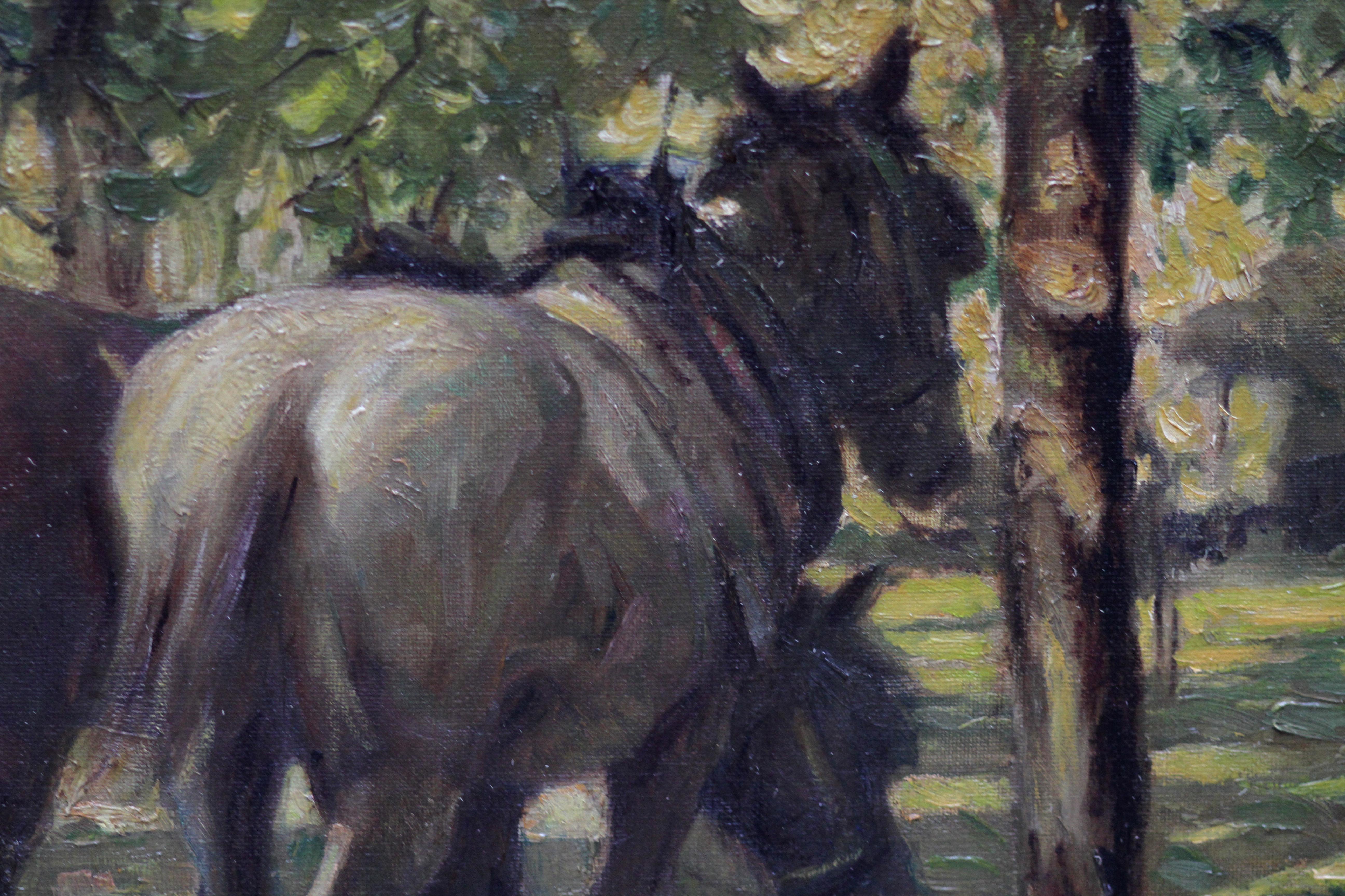 Portrait de chevaux à la lumière du soleil décalé - peinture à l'huile impressionniste britannique des années 30 en vente 1