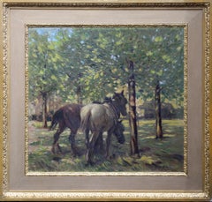 Antique Portrait of Horses in Dappled Sunlight - British 30's Impressionist oil painting