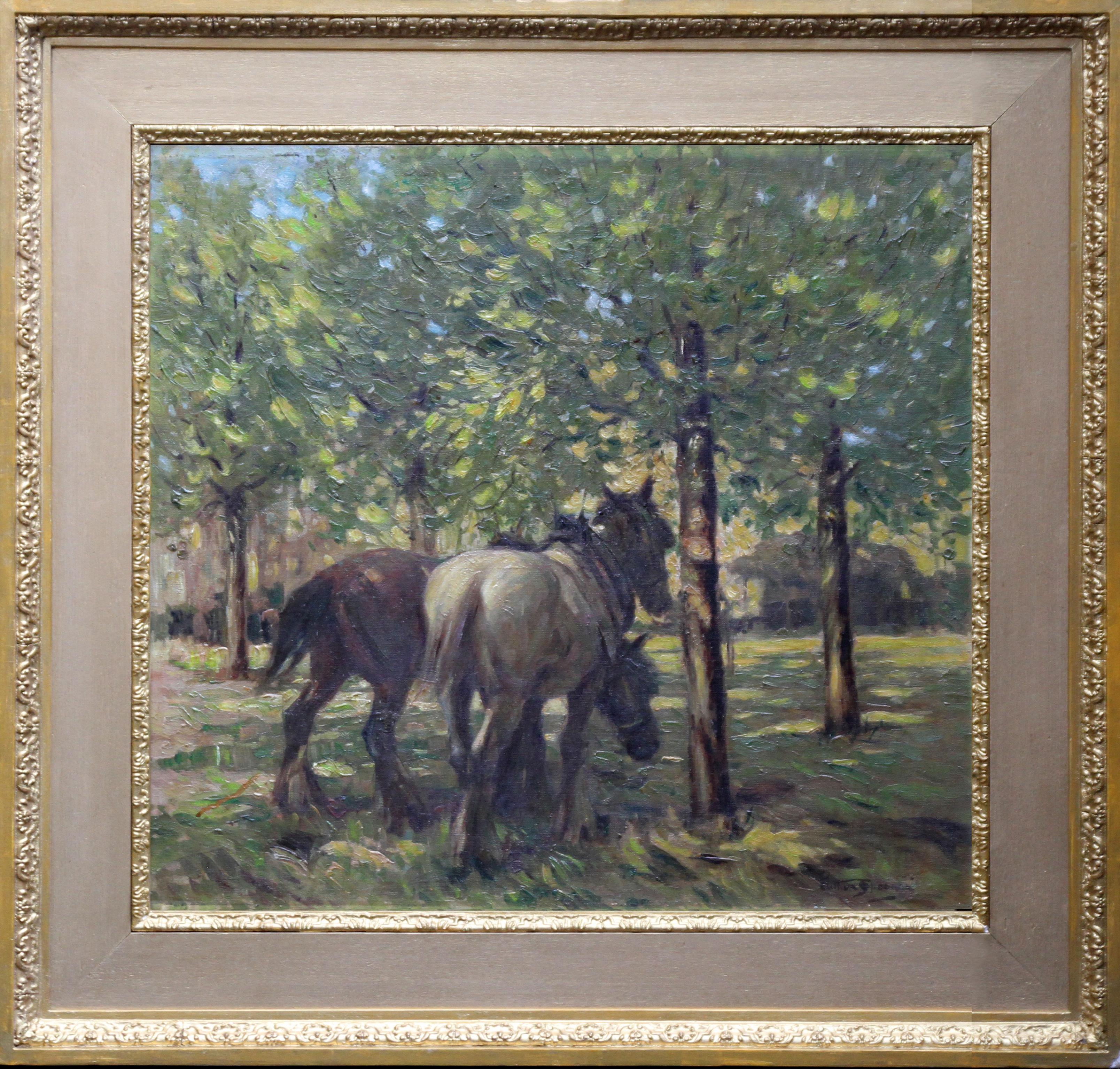 Arthur Spooner Landscape Painting - Portrait of Horses in Dappled Sunlight - British 30's Impressionist oil painting
