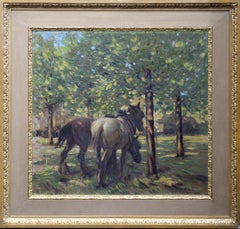 Portrait of Horses in Dappled Sunlight - British 30's Impressionist oil painting