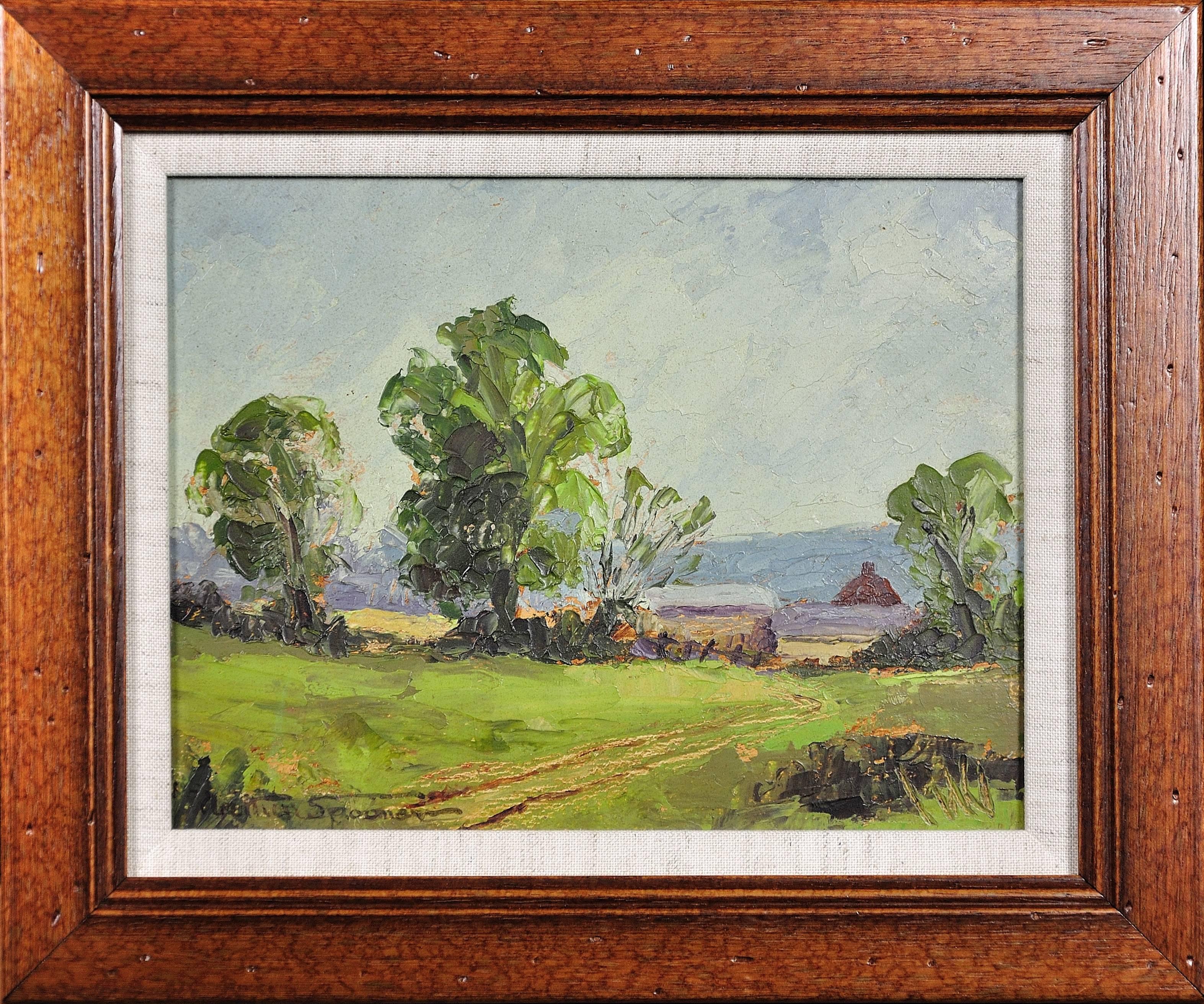 Arthur Spooner Landscape Painting – rural Derbyshire.Eine Palette von Blau-, Grau- und Grüntönen. Impressionist.Nottingham Art