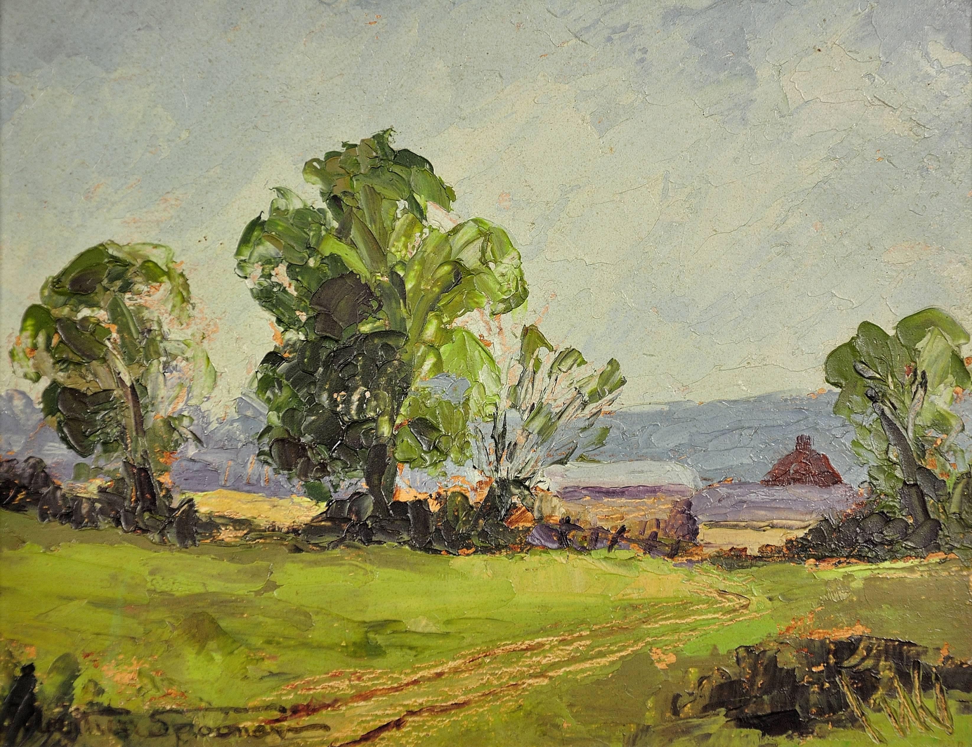 Framed Impasto En Plein Air Post Impressionist Oil Painting Of Rural Derbyshire - Brown Landscape Painting by Arthur Spooner