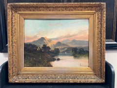 Antique Scottish Highlands Oil Painting Sunset over the Loch, signed & framed