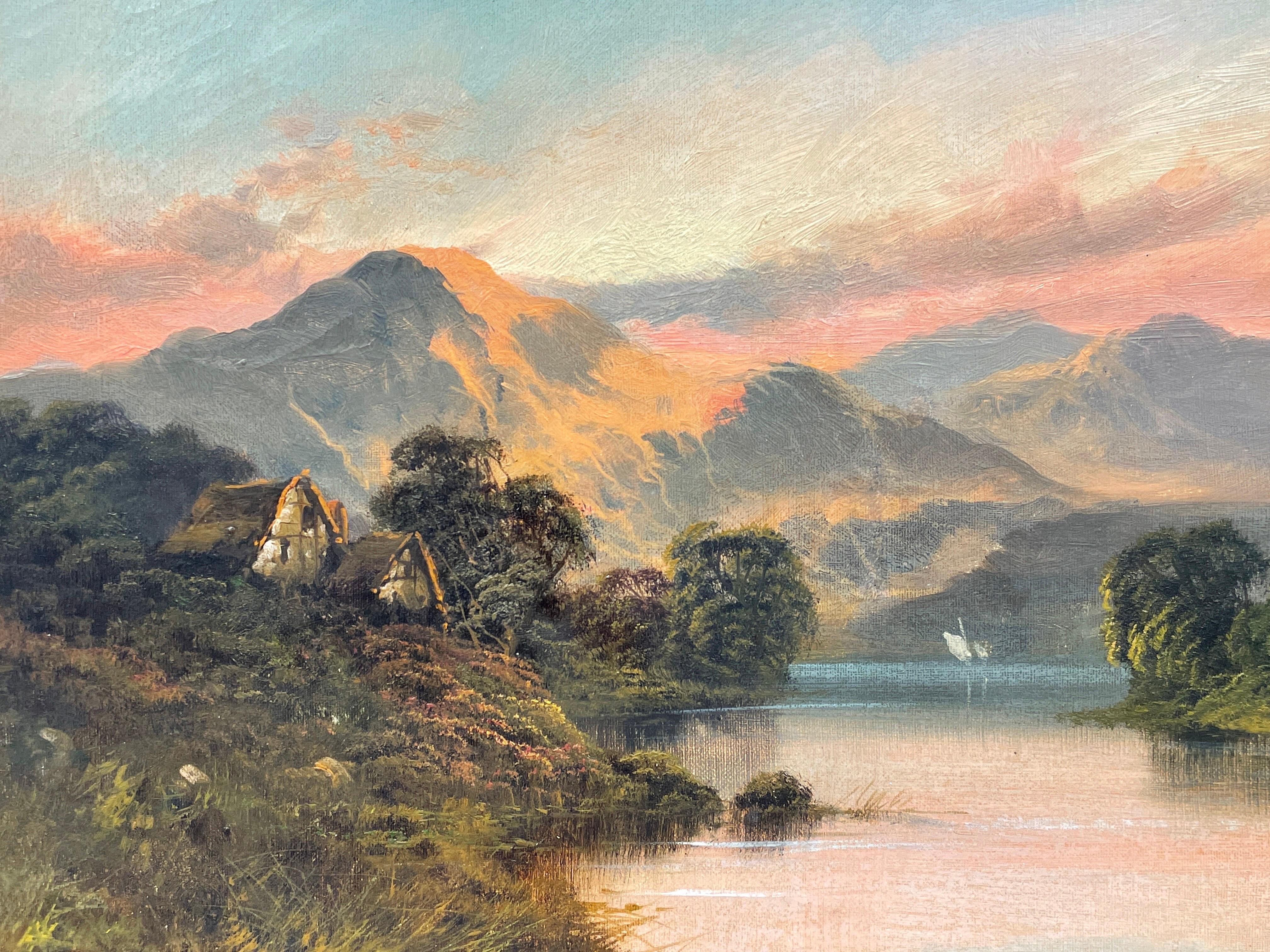 Antique Scottish Highlands Oil Painting Sunset over the Loch, signed & framed - Brown Landscape Painting by Arthur Stanford
