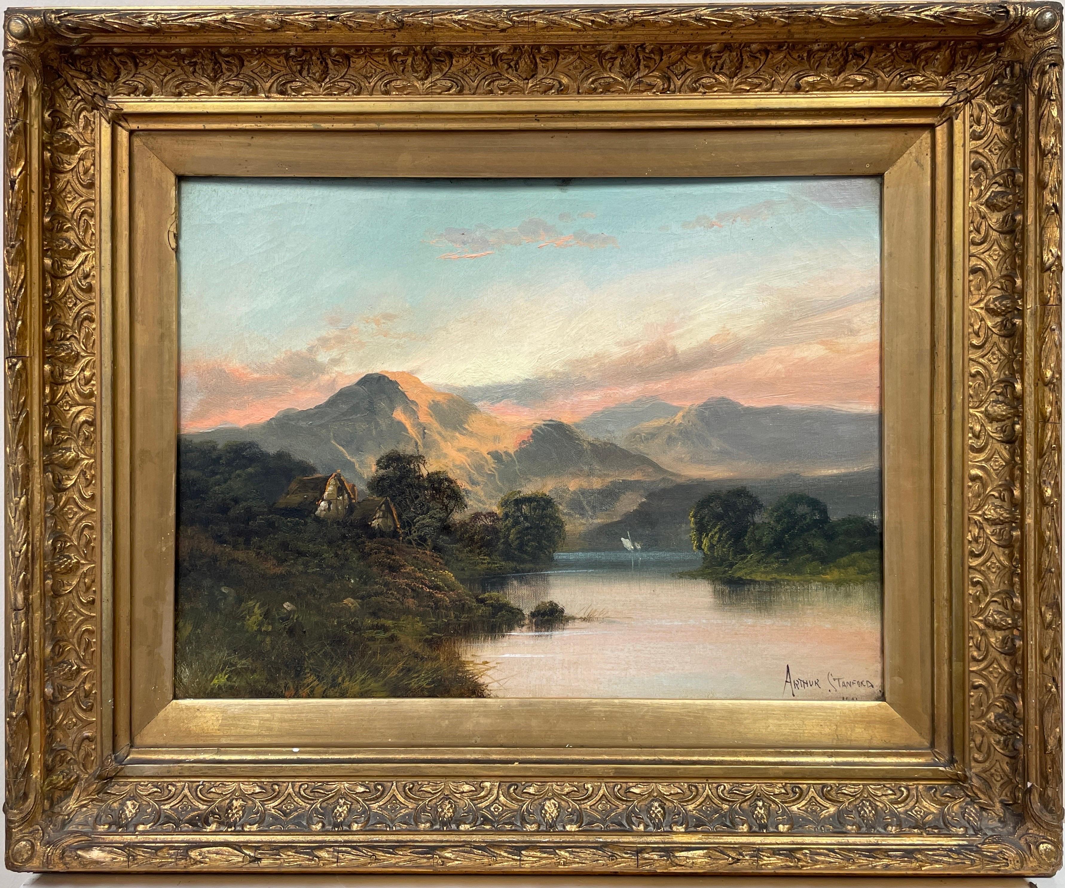 Arthur Stanford Landscape Painting - Antique Scottish Highlands Oil Painting Sunset over the Loch, signed & framed