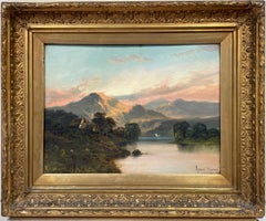 Antique Scottish Highlands Oil Painting Sunset over the Loch, signed & framed