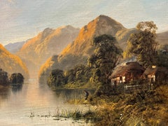 Peinture à l'huile ancienne des Highlands écossais Coucher de soleil sur le Loch, signée et encadrée