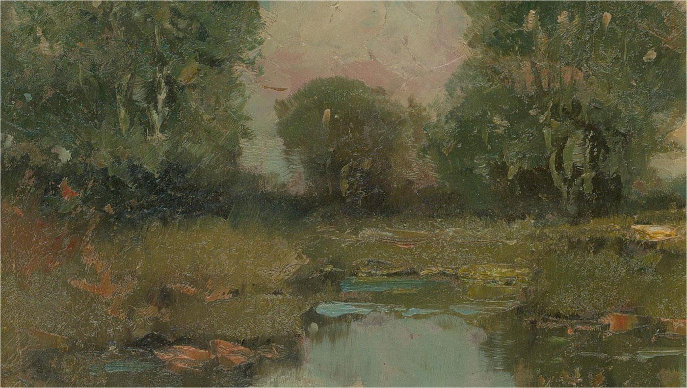 A charming oil on board of parkland using impressionistic brush strokes and aspects of impasto to create an alluring scene. It is well presented in a cream mount and gilt effect frame with a label to the reverse of the board with the artists name.