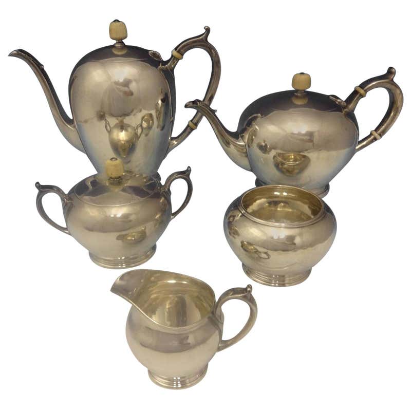 Arthur Stone Sterling Silver Tea Set Tilting Kettle on Cradle w Tray ...