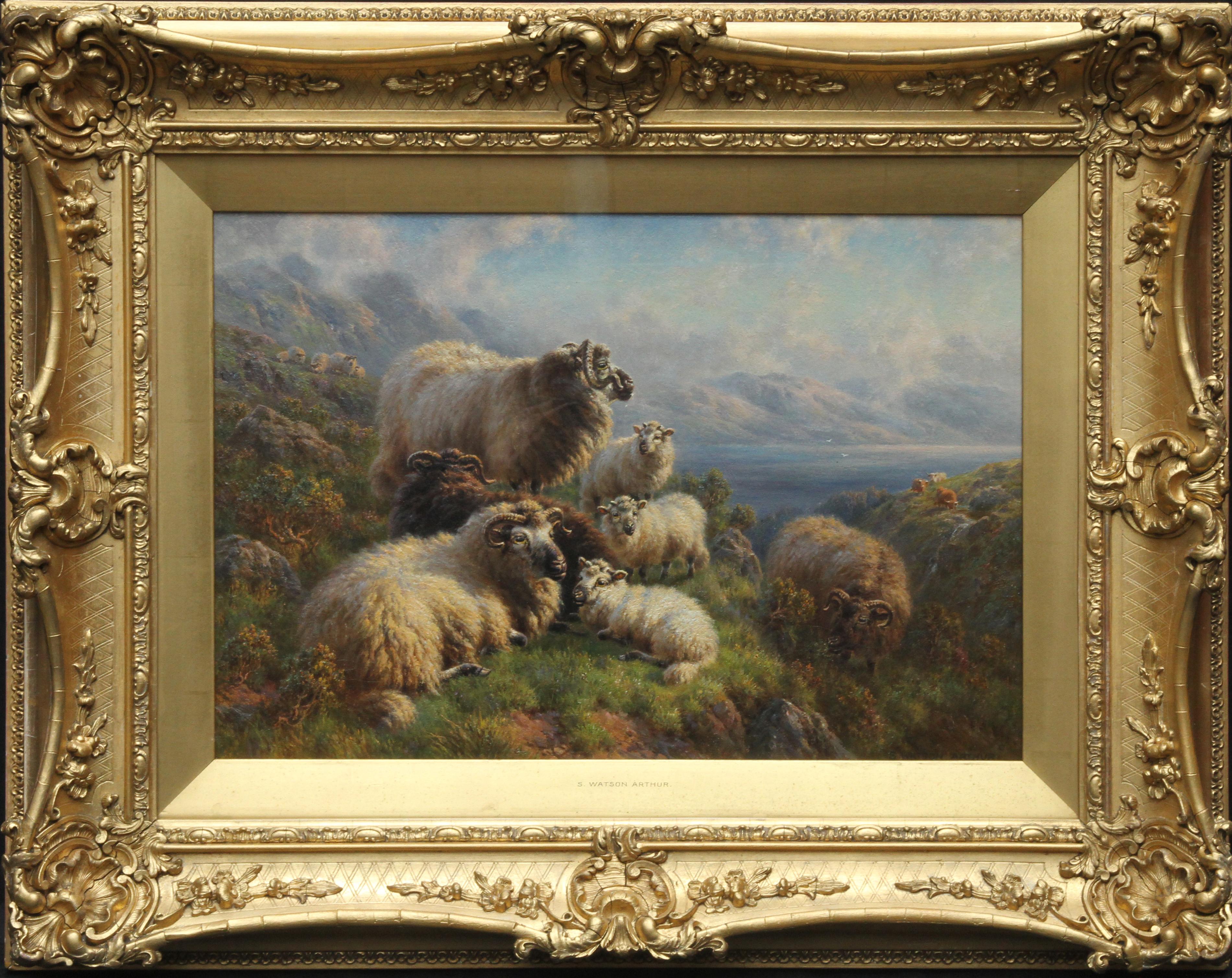 Arthur Sydney Watson Animal Painting - Sheep at Loch Tay Perthshire - British 1910 Edwardian art landscape oil painting