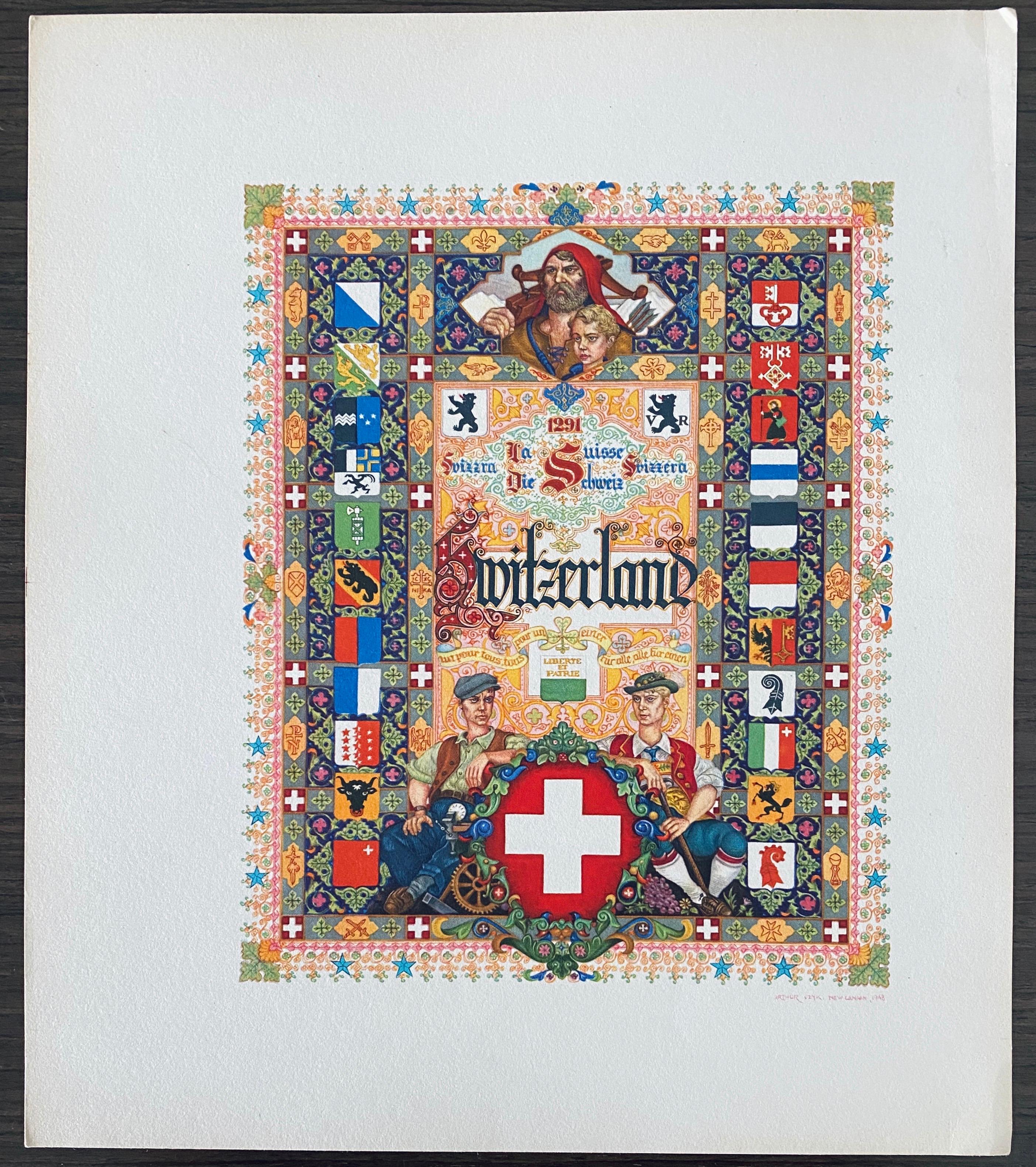 Switzerland Swiss Folk Art Print Artist Arthur Szyk Judaica Cartoonist 5