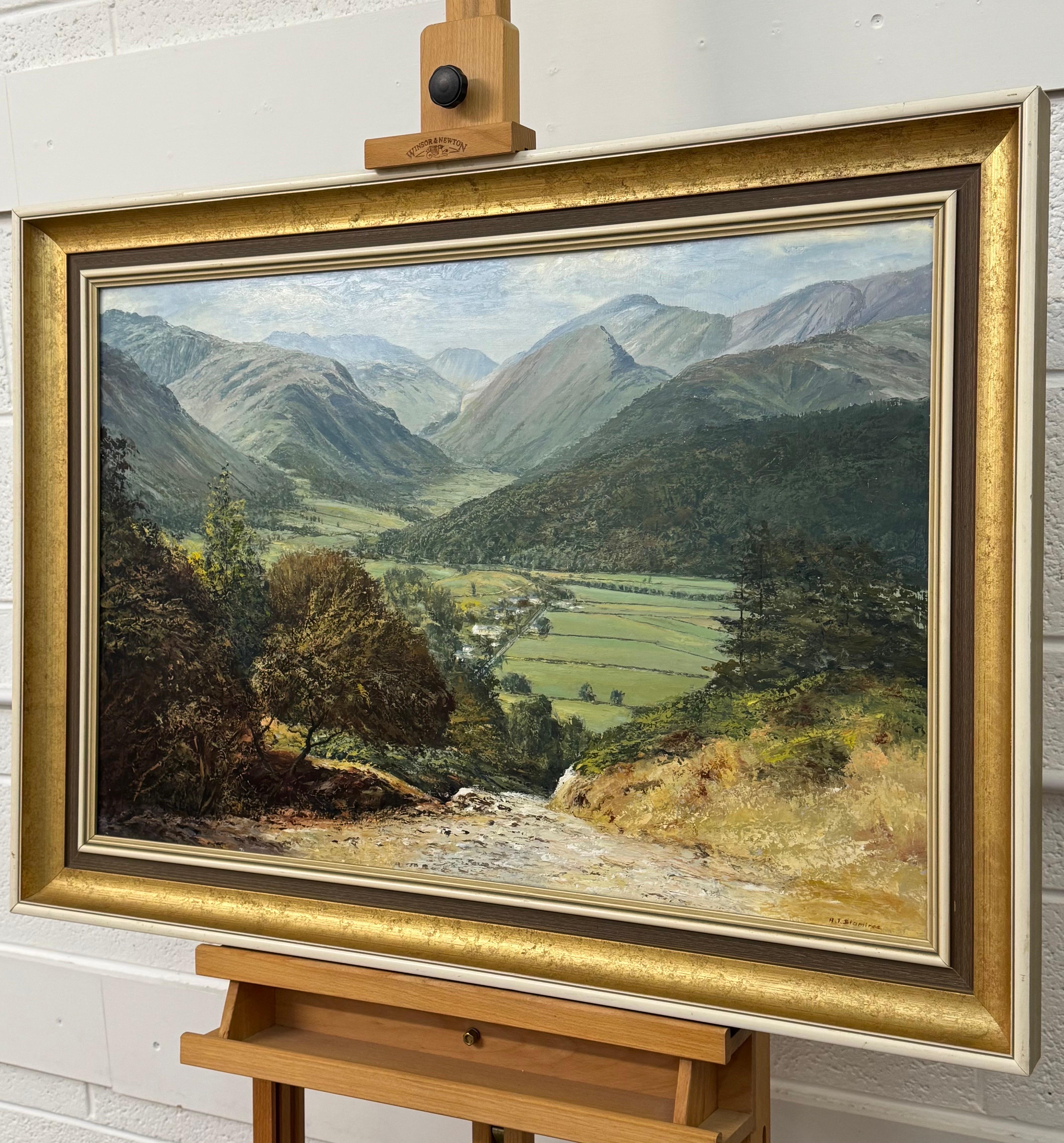 Mountain View of a Lush Green Valley in the English Lake District Vintage Oil - Brown Landscape Art by Arthur Terry Blamires