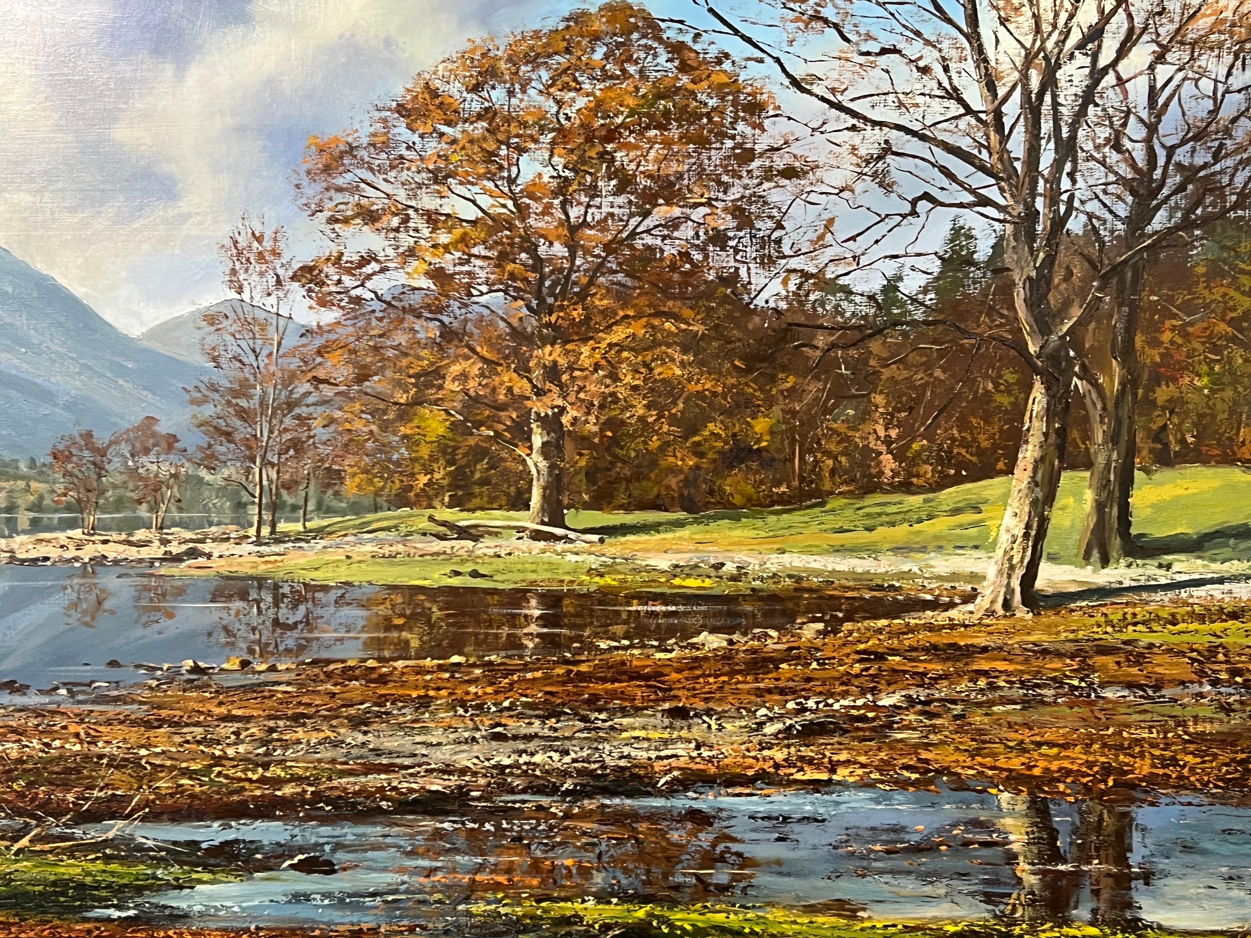 Causey Pike e Calf Close Bay, Derwent Water nel Lake District inglese, opera dell'artista paesaggista Modern British del XX secolo Arthur Terry Blamires (nato nel 1930) 

L'arte misura 35 x 19 pollici 
La cornice misura 40 x 24 pollici 

Arthur