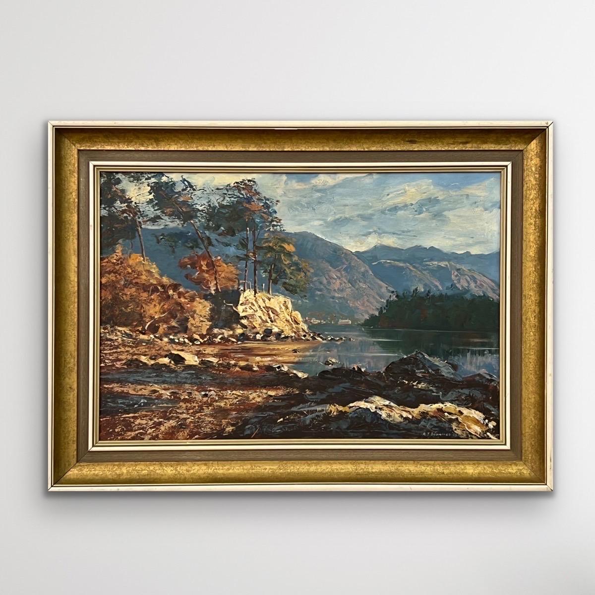 Peinture à l'huile du département du lac de Derwent Water en Angleterre par un artiste de paysage britannique - Painting de Arthur Terry Blamires