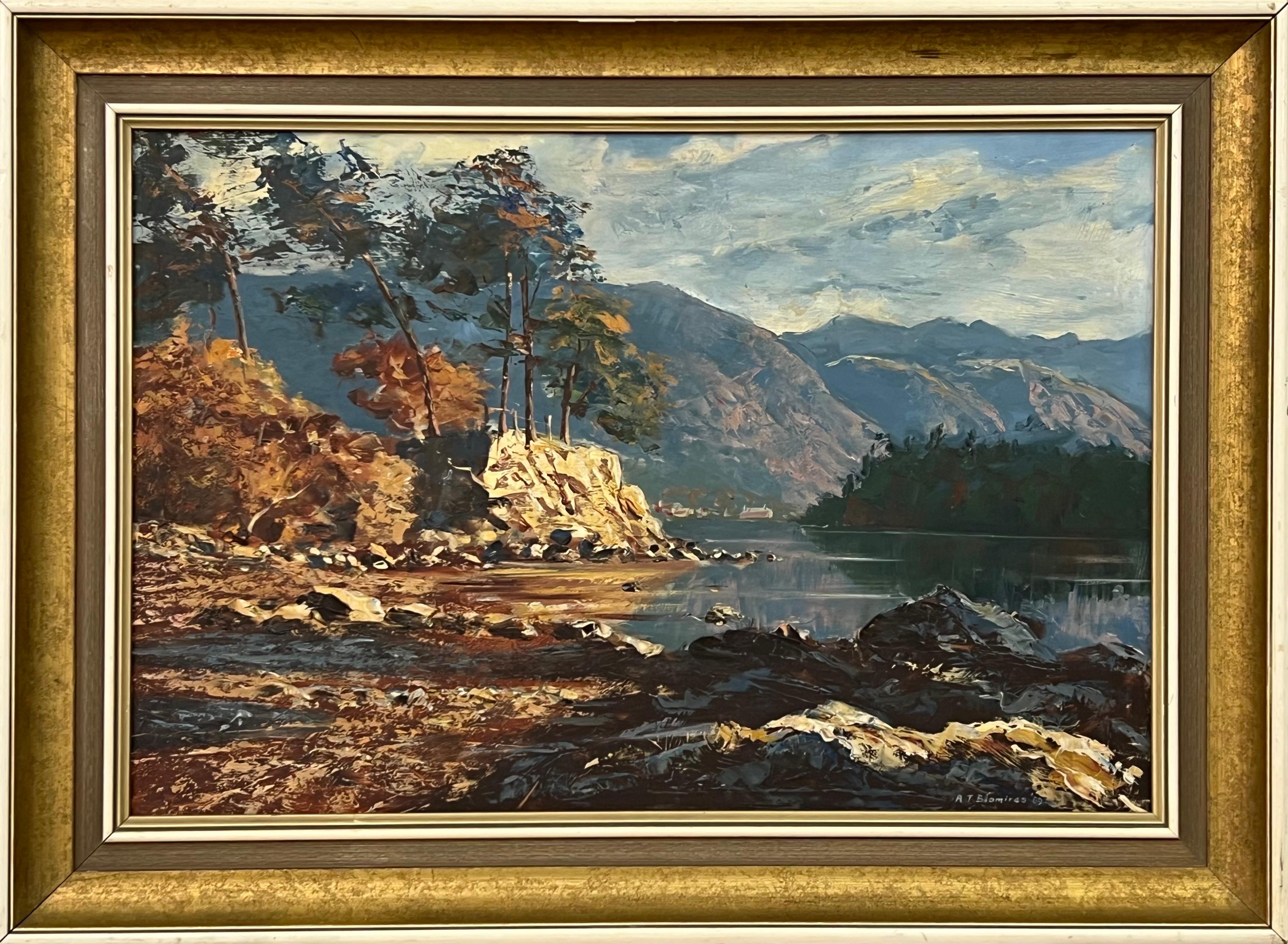 Pintura al óleo de Derwent Water Distrito de los Lagos inglés por un paisajista británico