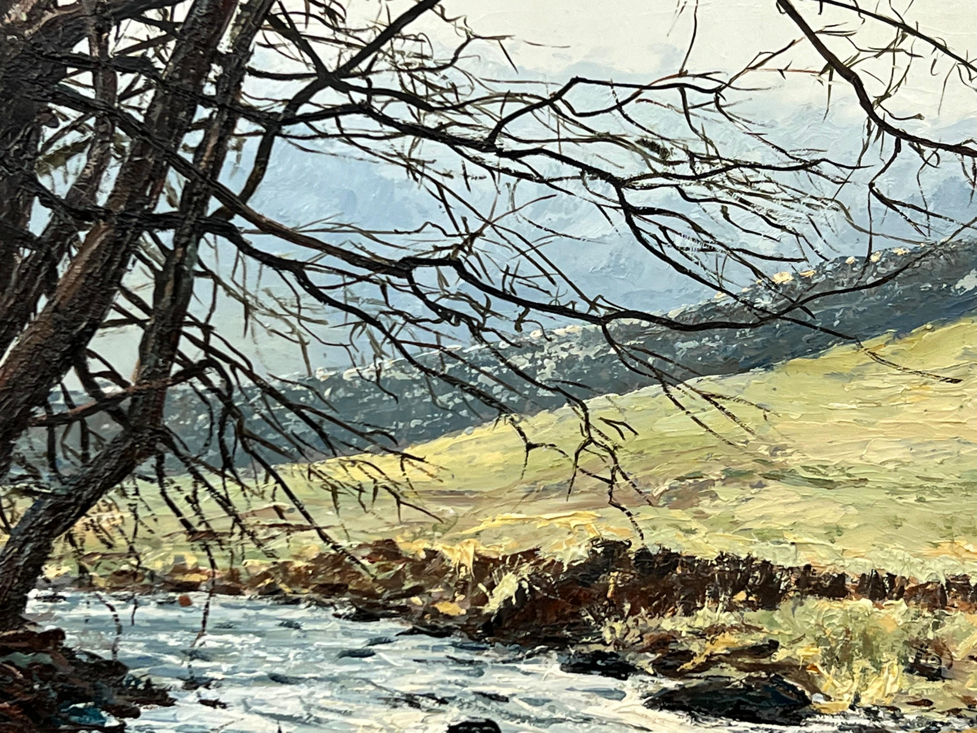 Peinture à l'huile d'un arbre au-dessus d'une rivière dans le Yorkshire Dales par un artiste paysagiste britannique en vente 1