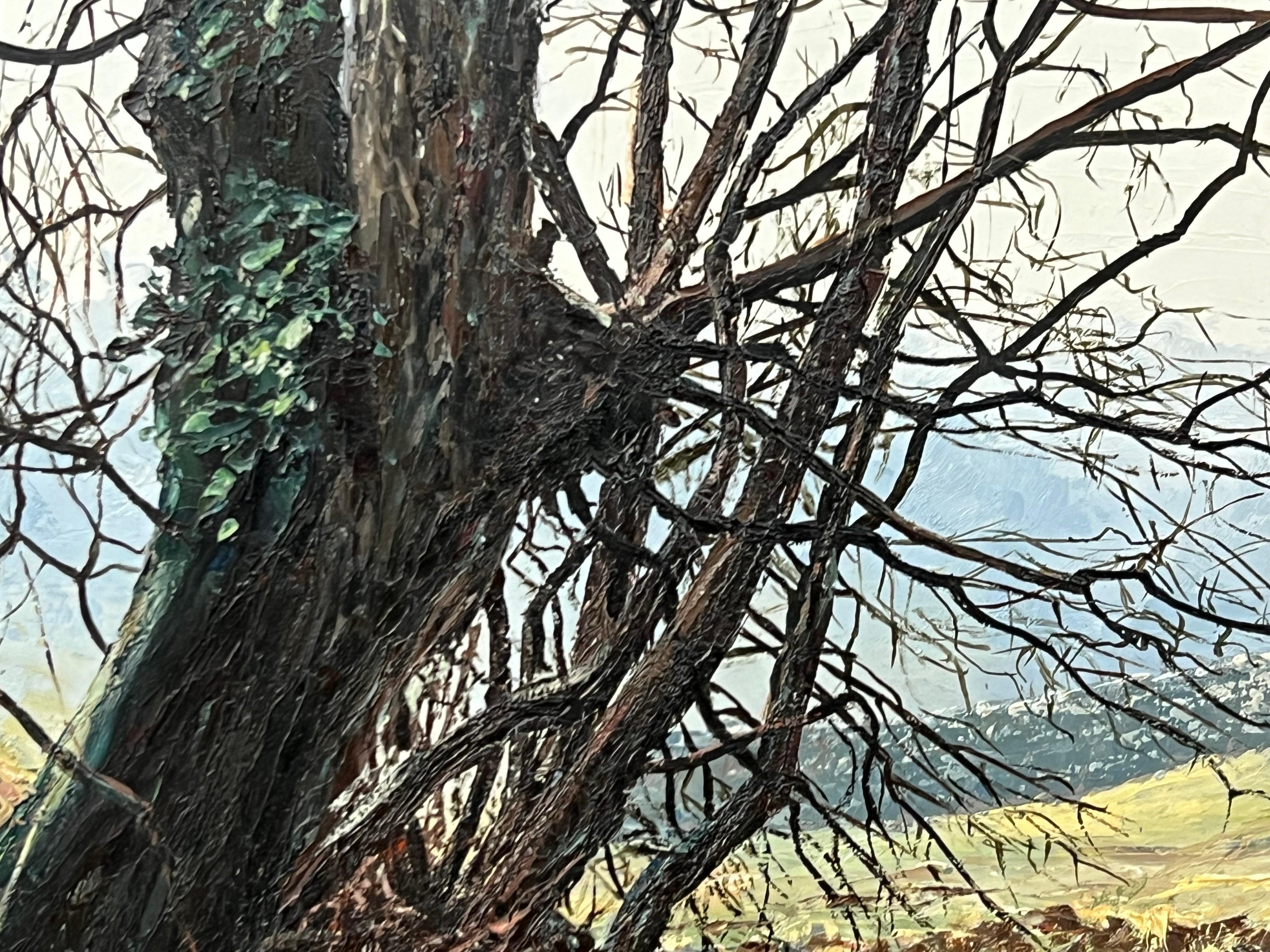 Peinture à l'huile d'un arbre au-dessus d'une rivière dans le Yorkshire Dales par un artiste paysagiste britannique en vente 3