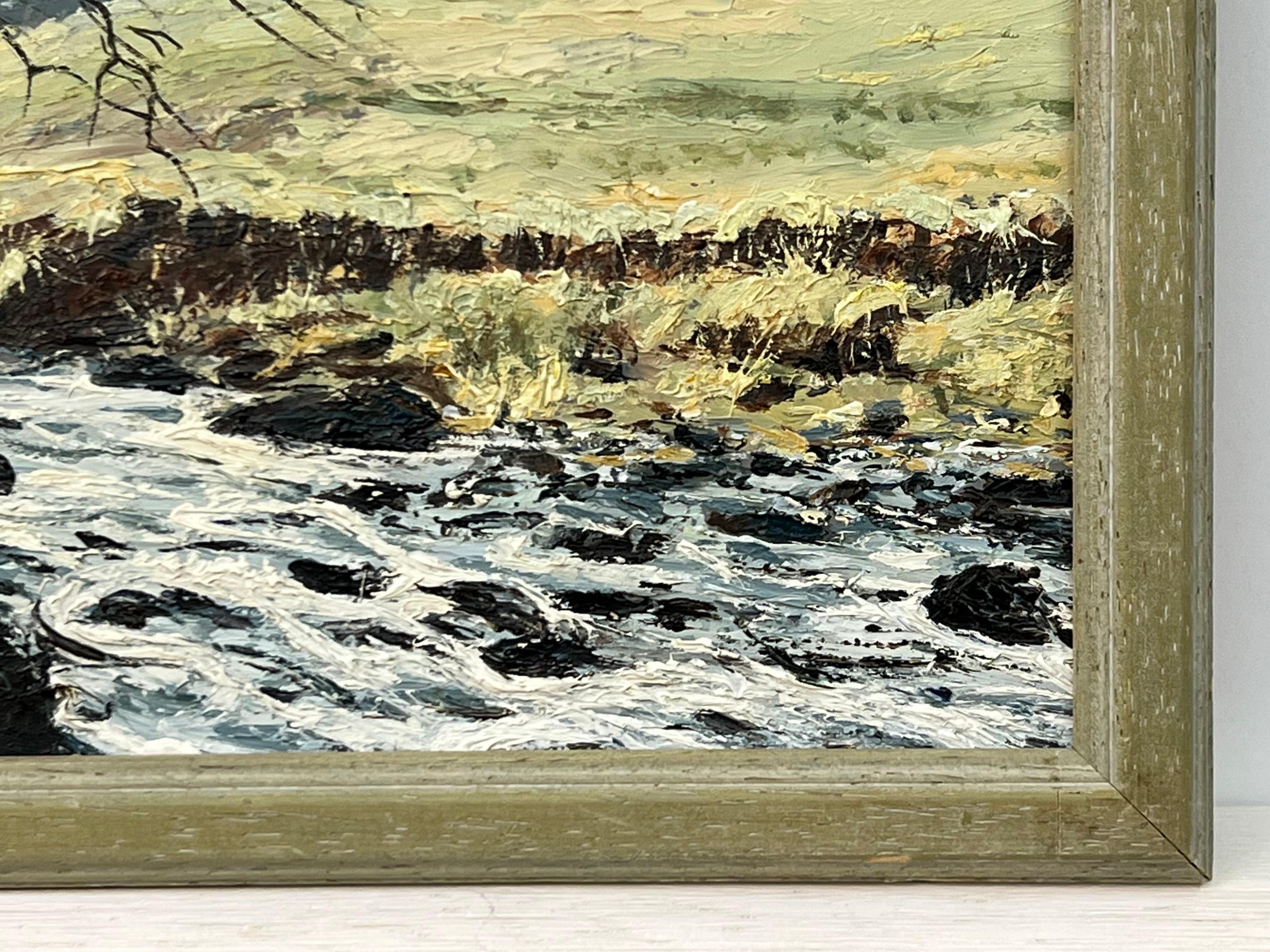 Peinture à l'huile d'un arbre au-dessus d'une rivière dans le Yorkshire Dales par un artiste paysagiste britannique en vente 4