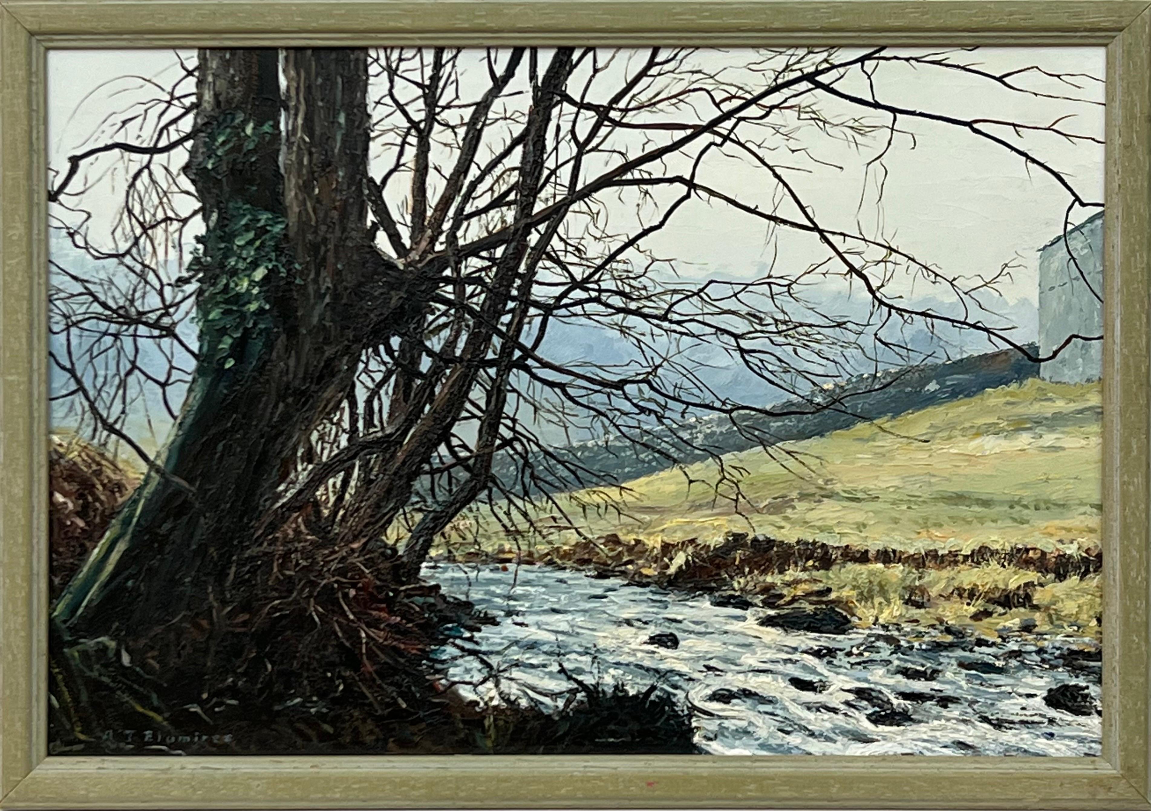 Peinture à l'huile d'un arbre au-dessus d'une rivière dans le Yorkshire Dales par un artiste paysagiste britannique - Mixed Media Art de Arthur Terry Blamires