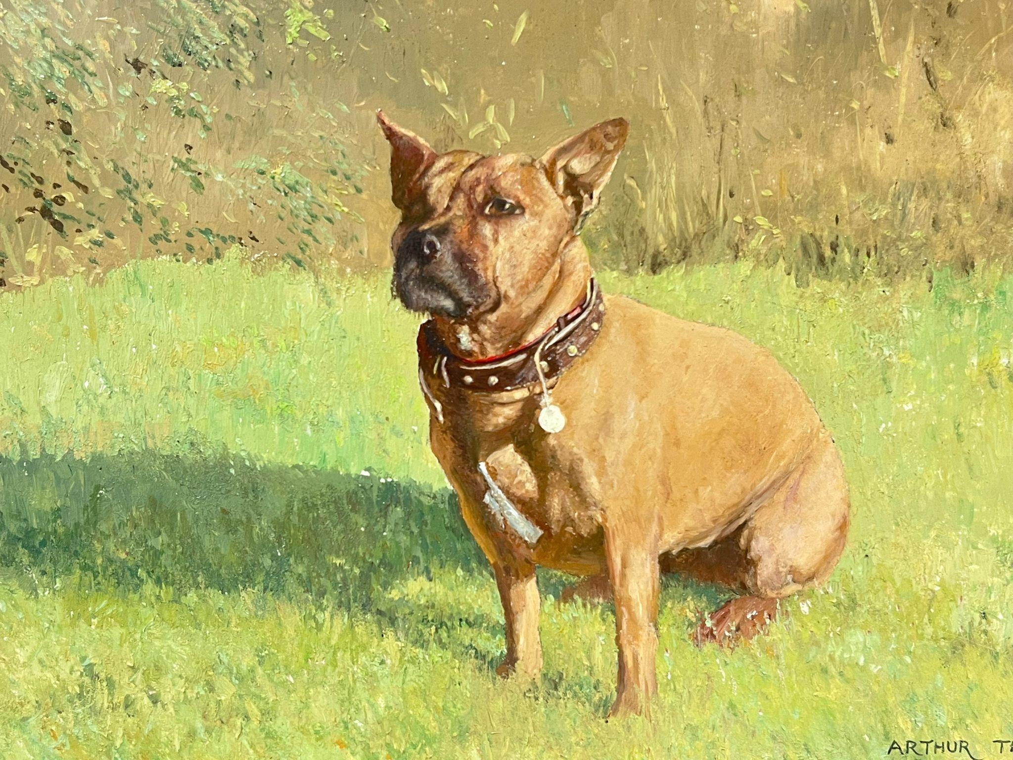The Terrier (Staffordshire Terrier?)
by Arthur Thompson (British 20th century)
dated 1988
signed oil on board, framed
framed: 16.5 x 21.5 inches
board : 13.5 x 19 inches
provenance: private collection, England
condition: very good and sound