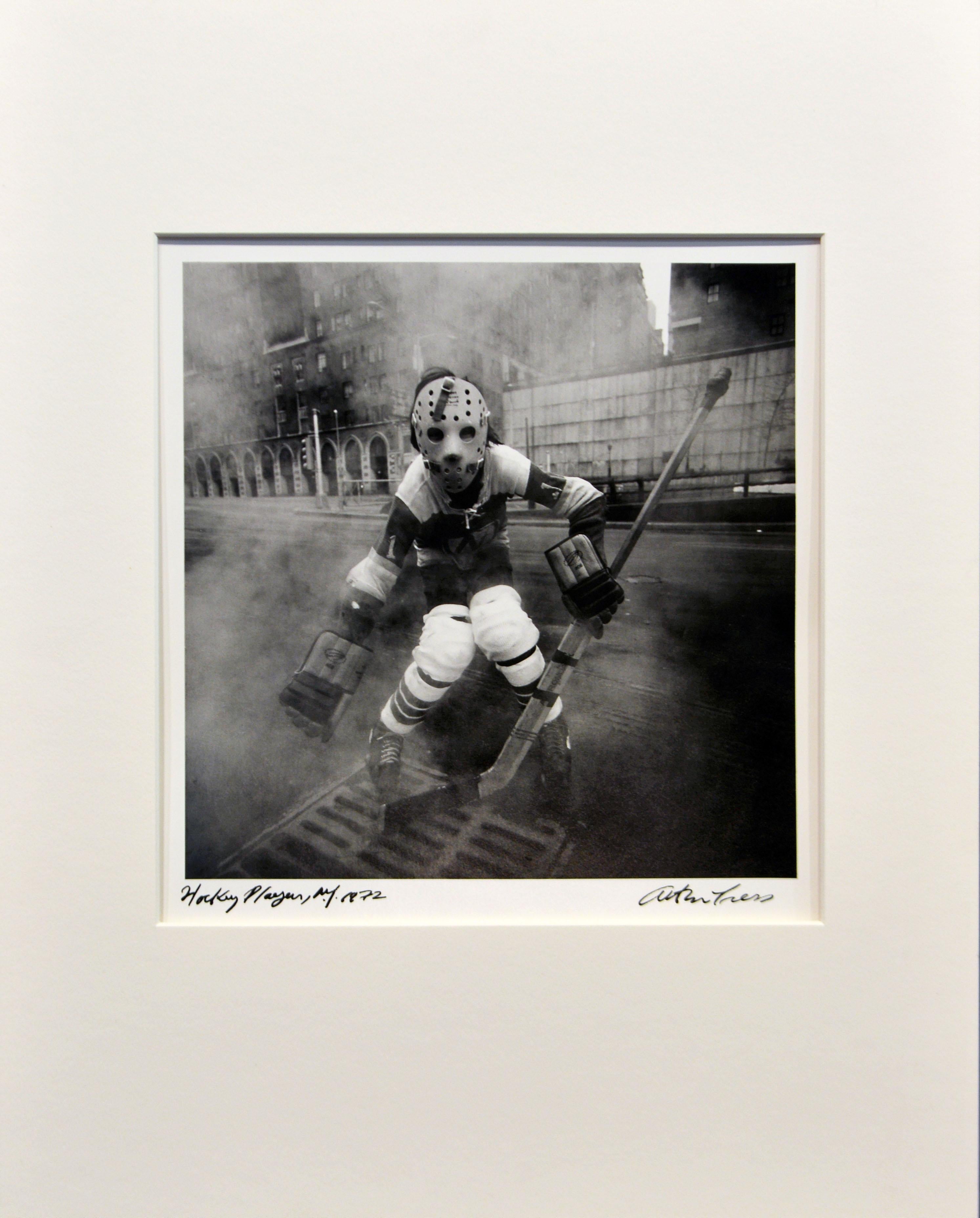 Arthur Tress (American b. 1940)
'Hockey Player 1972' Gelatin silver print. Photo taken 1970. Image: 10 x 10 in / 25.5 x 25.5 cm. Full margins. Mat: 16 x 20 in / 41 x 51 cm. This work is included full page in the book 'Fantastic Voyage, Photographs