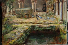 Óleo impresionista de principios del siglo XX Monasterio y jardines españoles