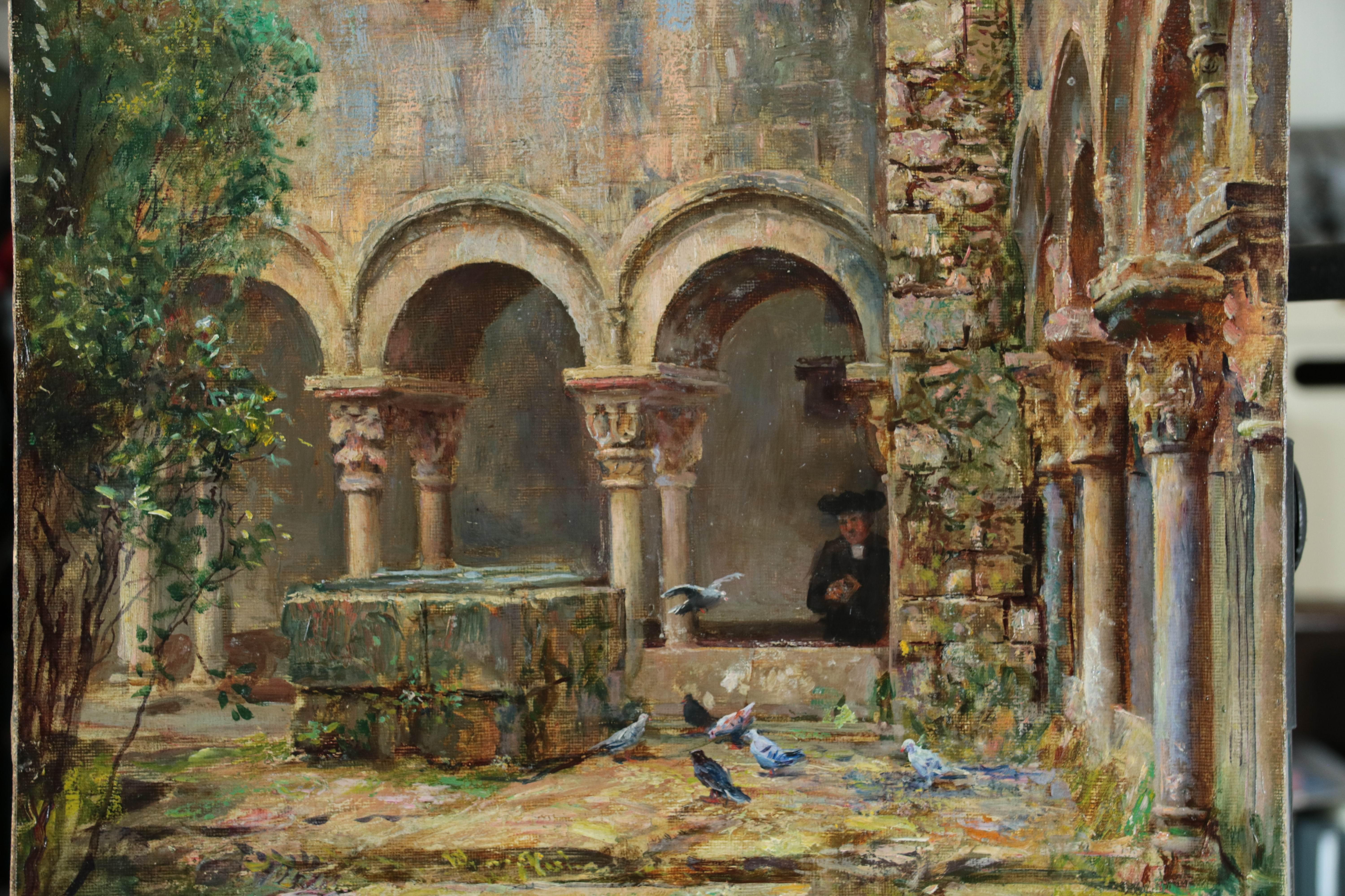 Peinture impressionniste du début du XXe siècle représentant un monastère et des jardins espagnols, huile sur toile sur châssis, signée et encadrée dans un cadre doré.  Il s'agit du monastère de San Pedro à Gérone et d'une paire de peintures