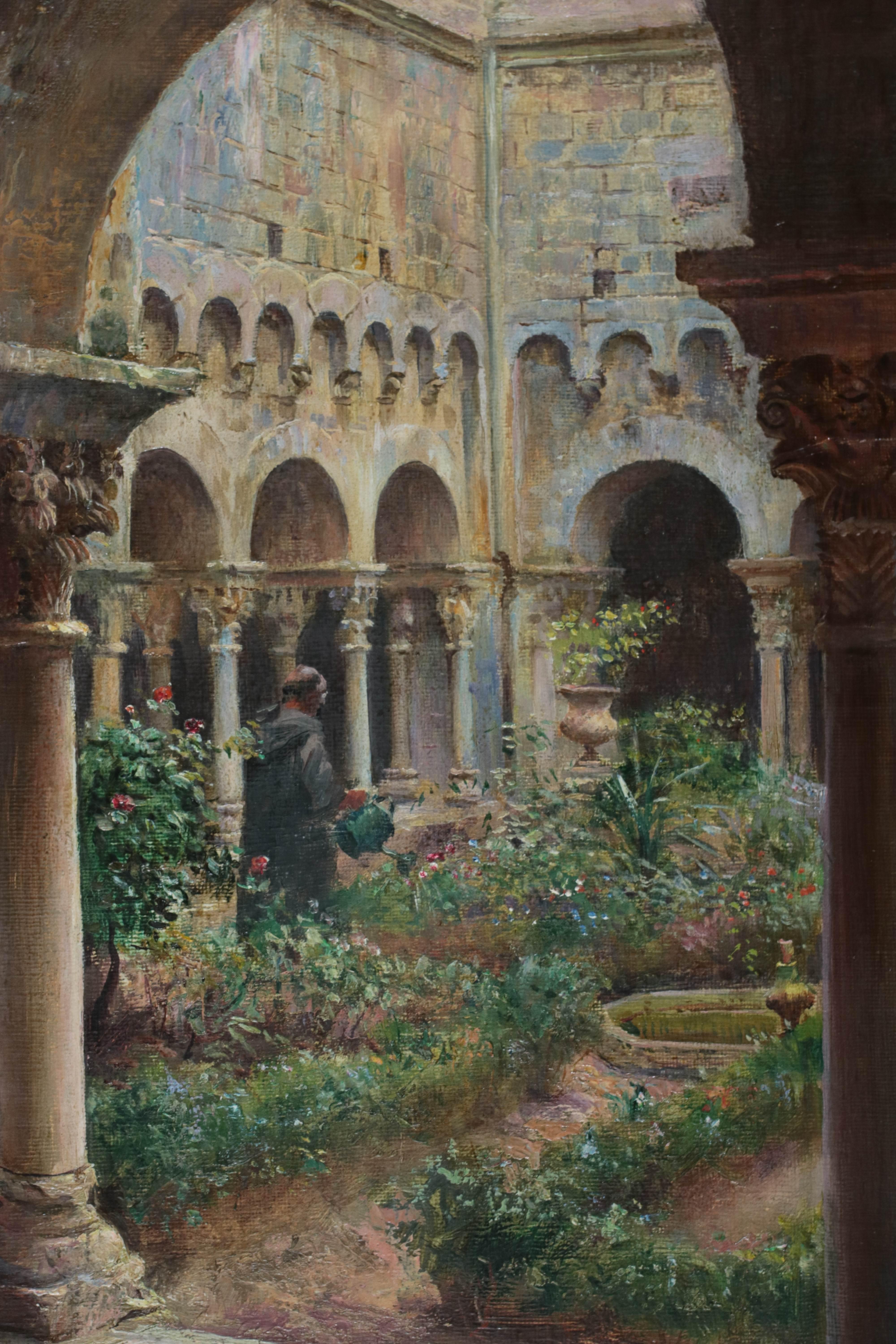Peinture à l'huile impressionniste du début du XXe siècle Monastère et jardins espagnols en vente 3