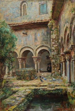 Early Twentieth Century Impressionist Oil Painting Spanish Monastery and Gardens