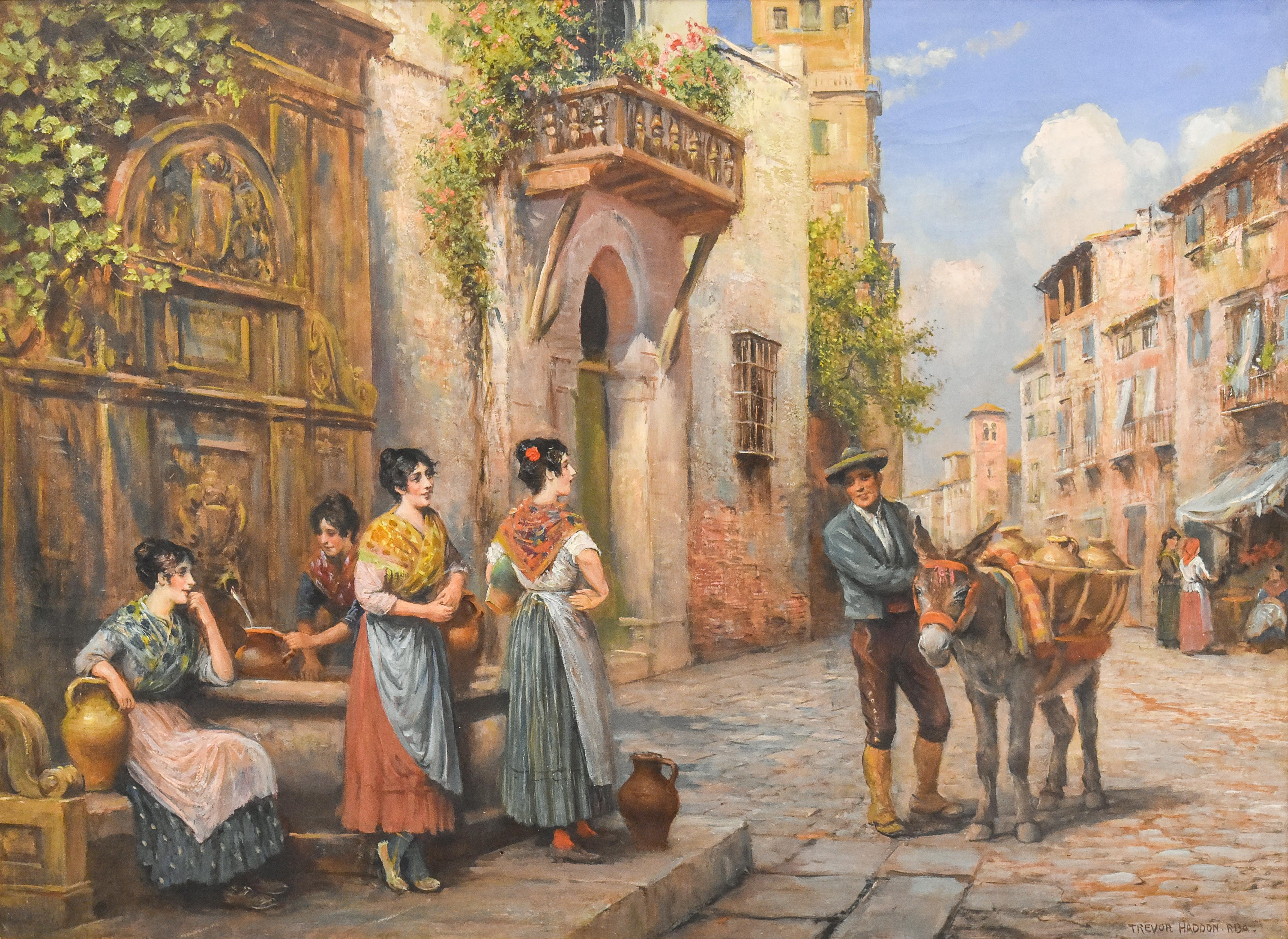 Arthur Trevor Haddon Figurative Painting - Gossips - Trevor Haddon R.B.A.  - Romantic - Spanish - Colourfull - Europe