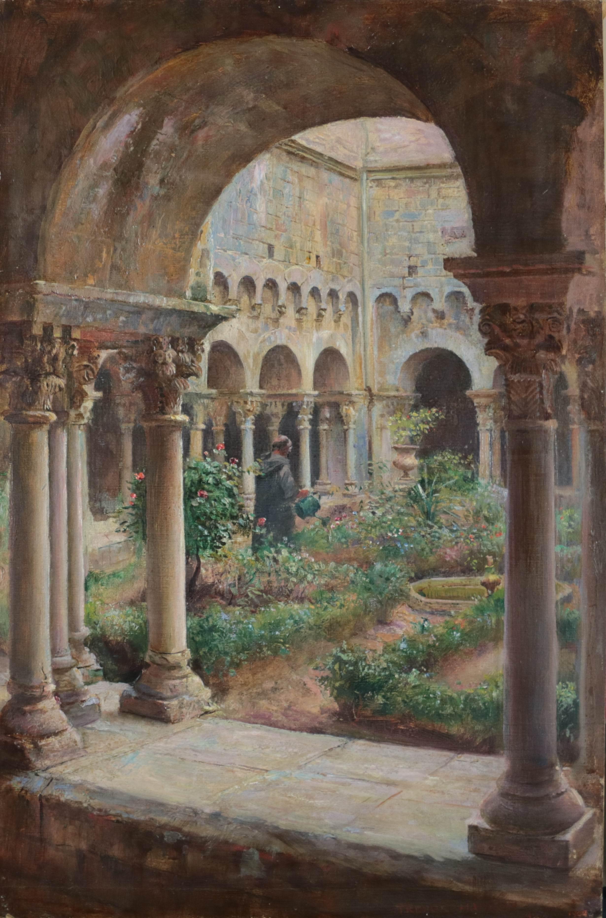Peinture de paysage impressionniste du XXe siècle Monastère et jardin espagnols - Noir Landscape Painting par Arthur Trevor Haddon