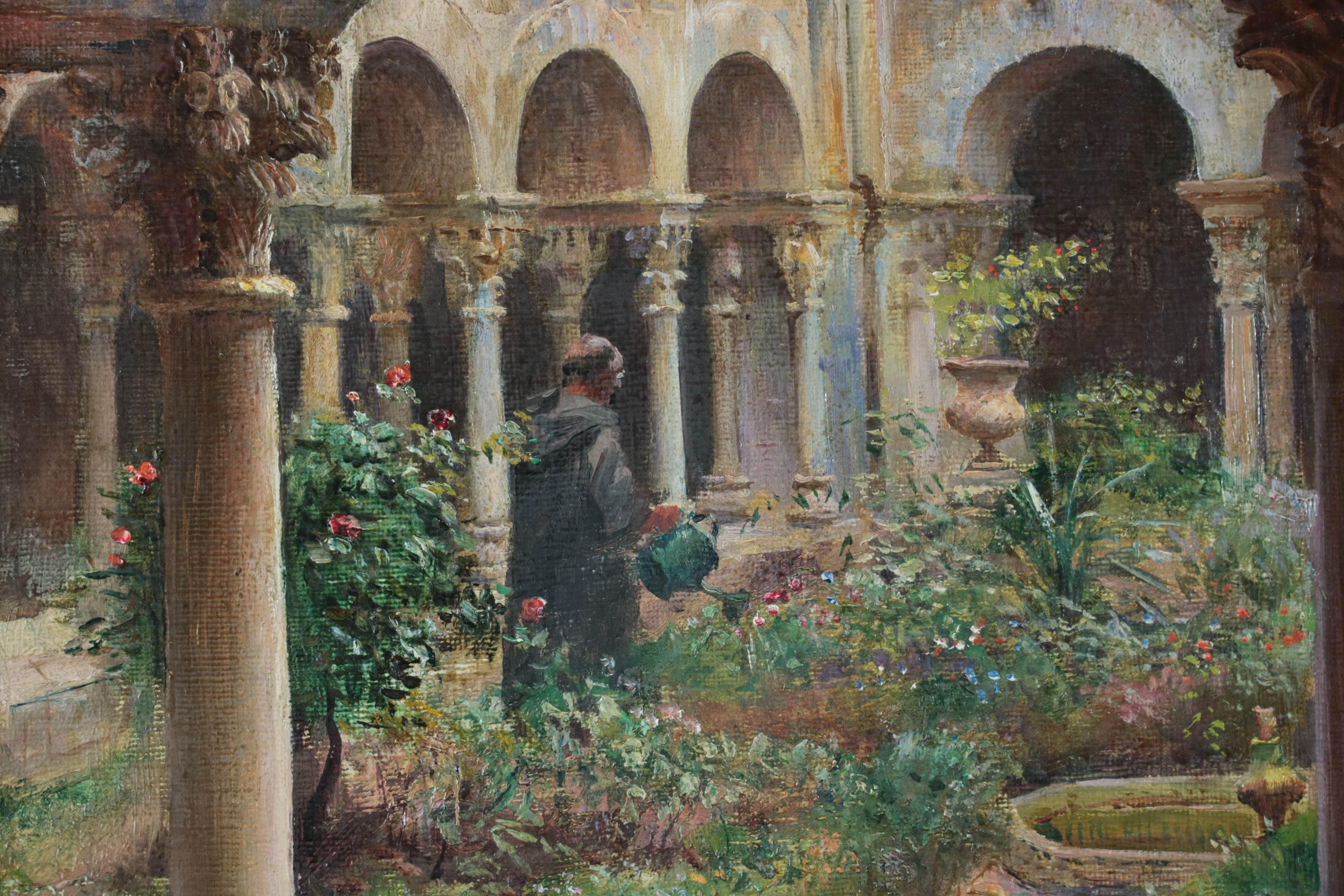 Peinture impressionniste du début du vingtième siècle représentant un monastère et des jardins espagnols, huile sur toile sur châssis, signée et encadrée dans un cadre doré.  Il s'agit du monastère de San Pedro à Gérone et d'une paire de peintures
