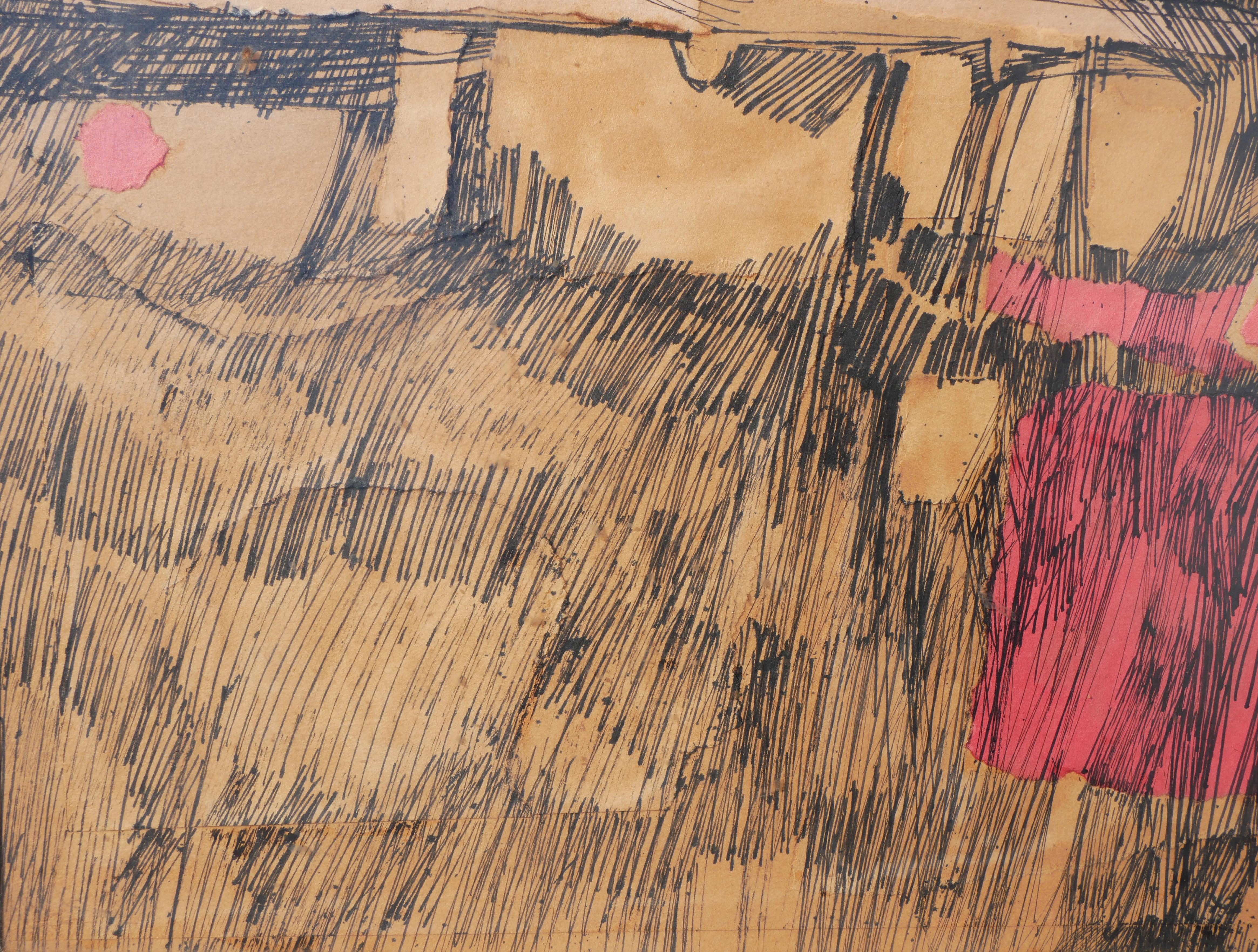 Dibujo abstracto moderno en tinta y acuarela del artista Arthur Turner, nacido en Houston. La obra presenta enérgicas líneas negras acentuadas con bloques de color morado. Firmado y fechado en el margen derecho. Actualmente colgado en un marco de