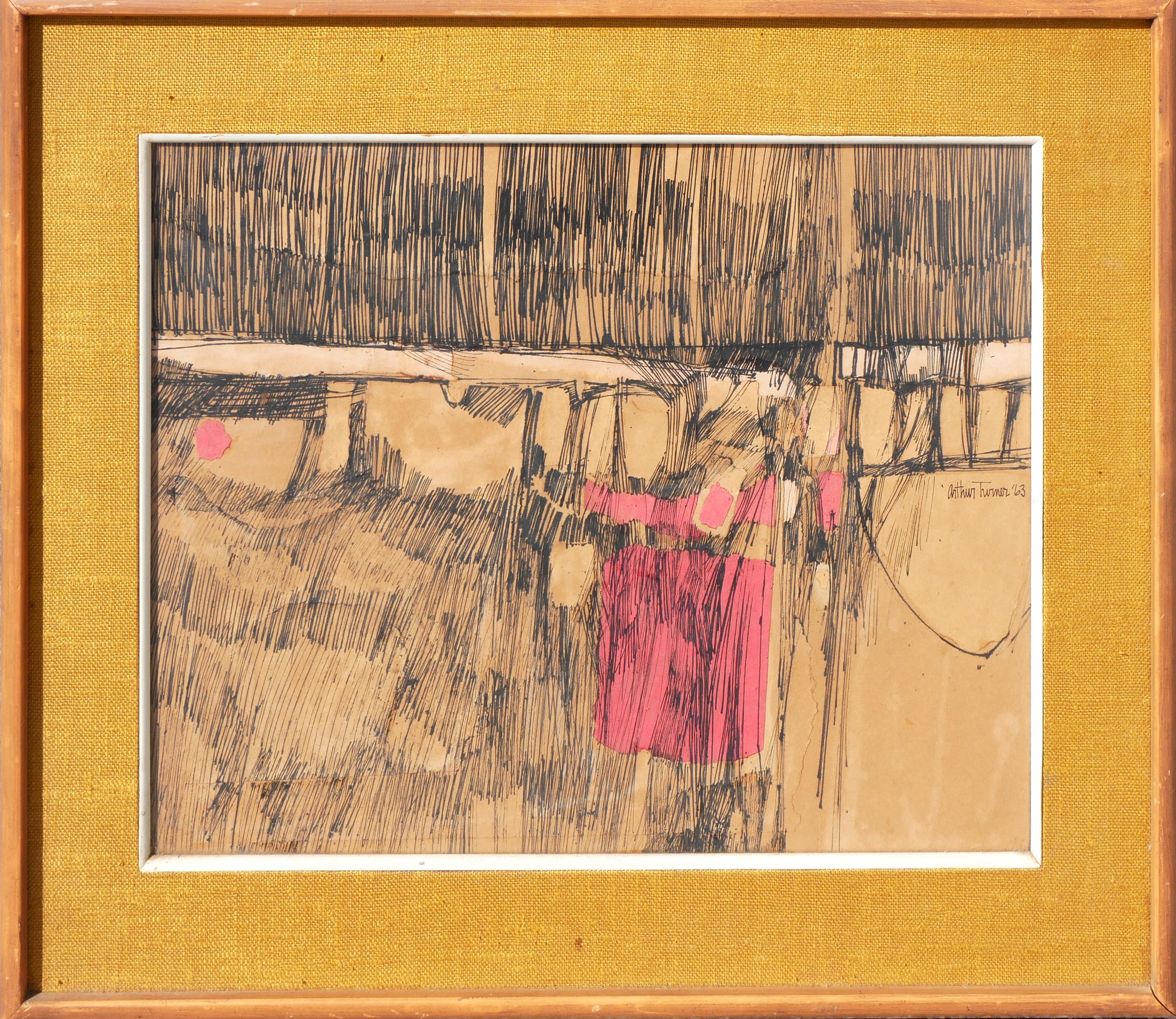 Disegno astratto gestuale viola e nero con inchiostro e acquerello