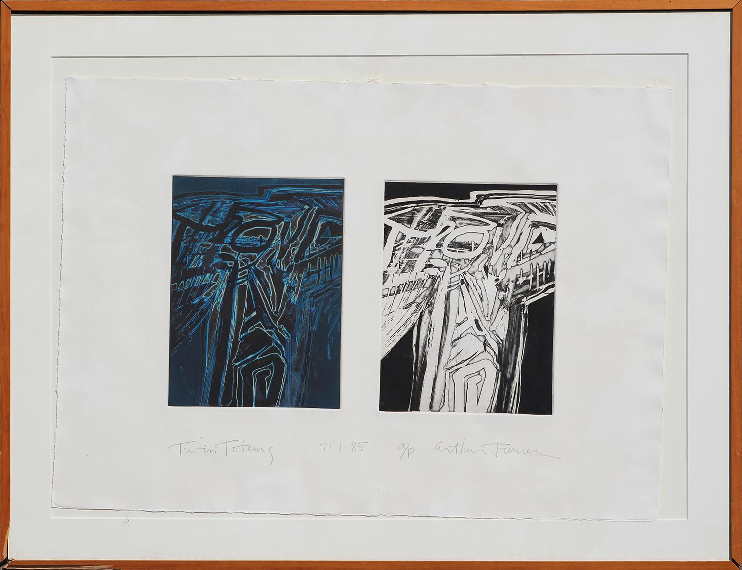 Arthur Turner Abstract Print - "Twin Totems" Blue and Black Double Abstract Figurative Prints 
