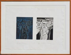 "Tótems gemelos" Impresiones figurativas abstractas dobles en azul y negro