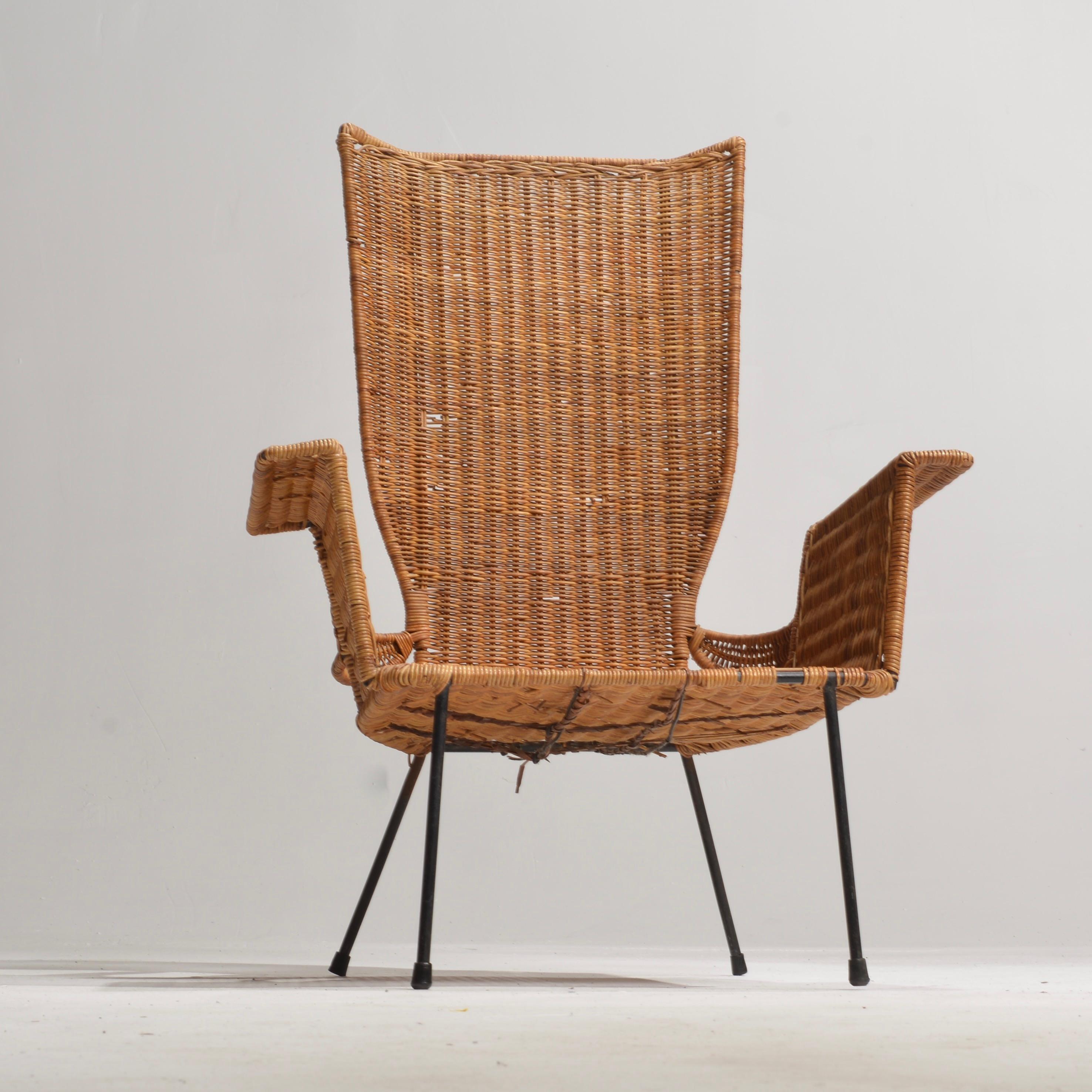 Organic Modern Arthur Umanoff Armchair in Wrought Iron and Rattan For Sale