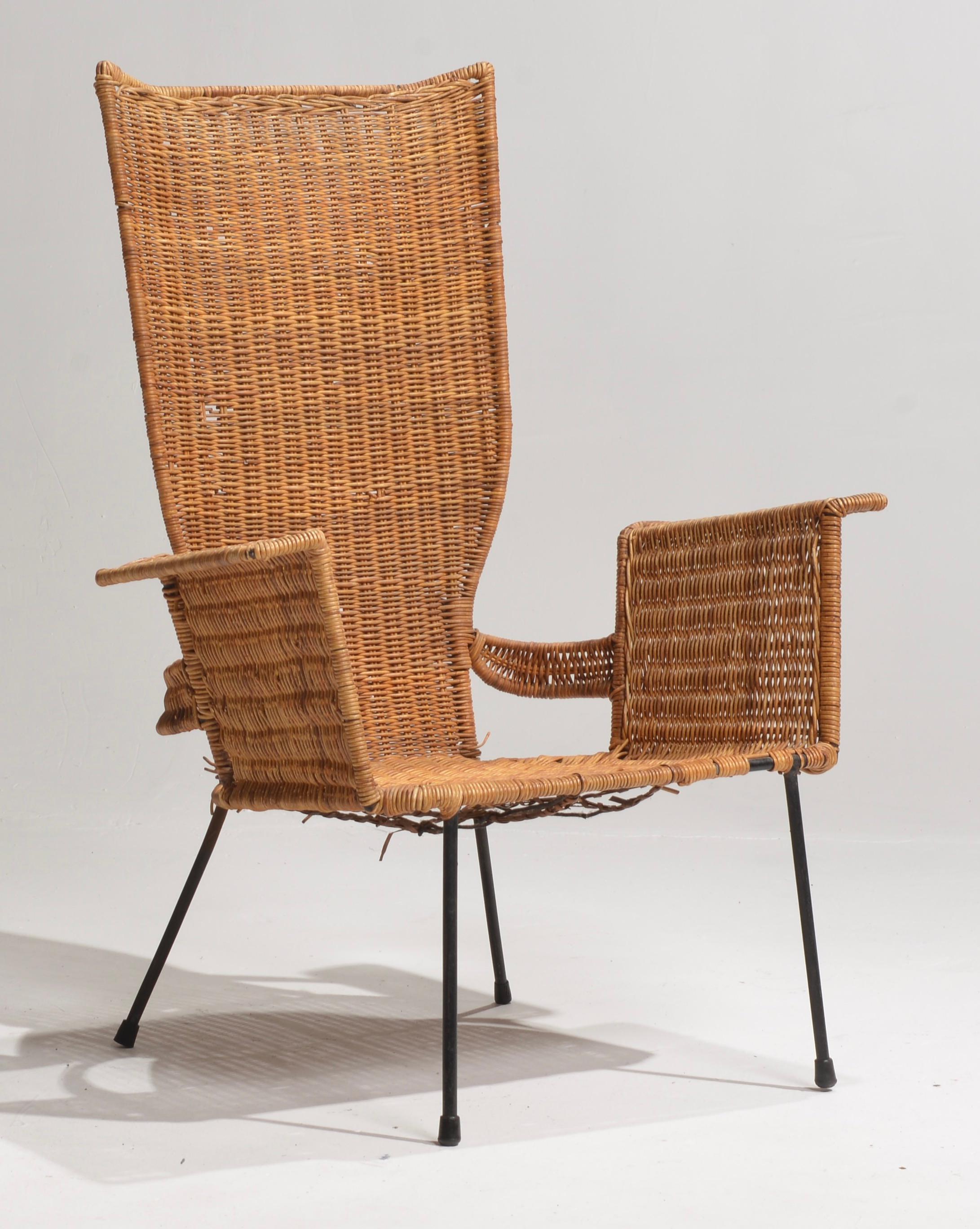 Arthur Umanoff Armchair in Wrought Iron and Rattan In Good Condition For Sale In Los Angeles, CA