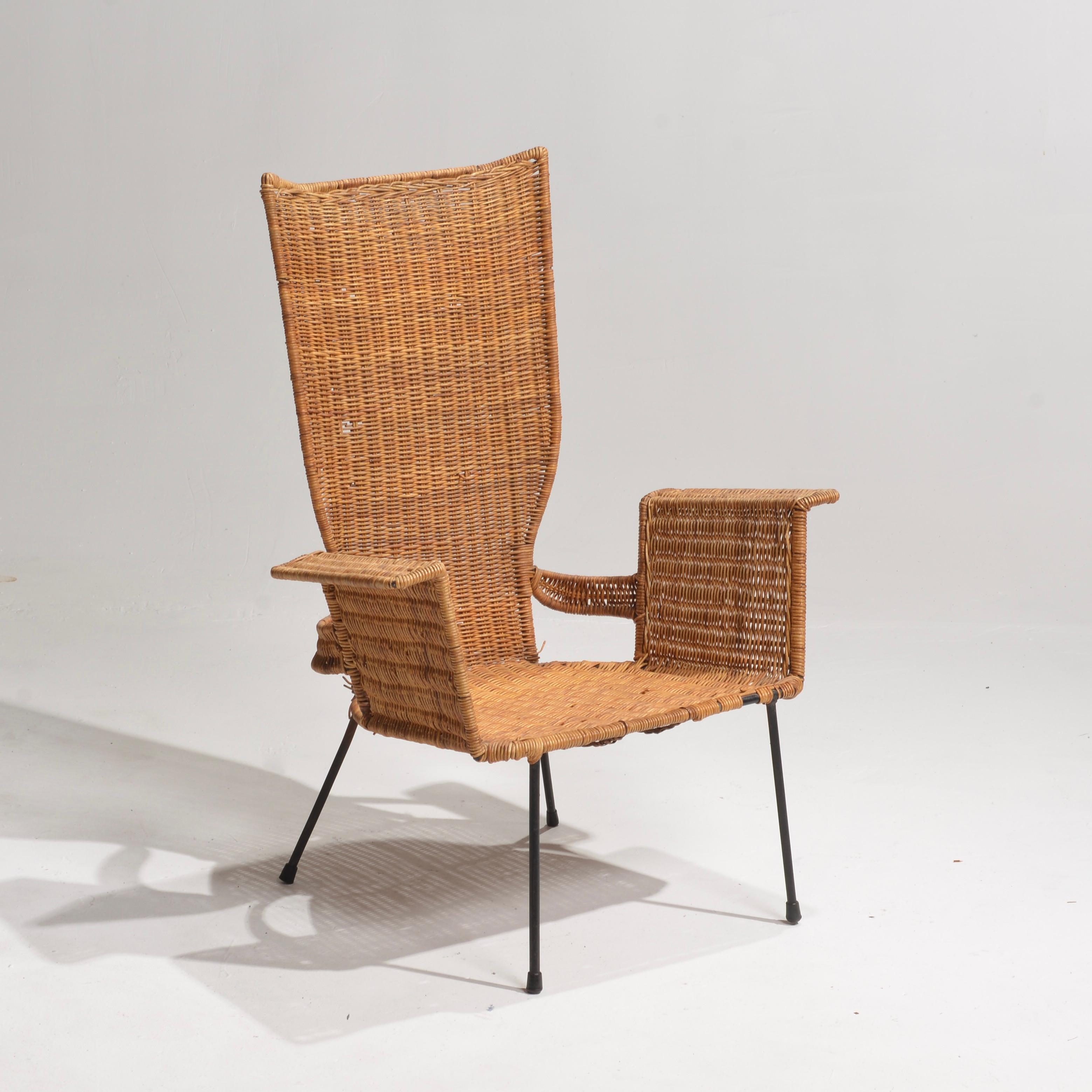Mid-20th Century Arthur Umanoff Armchair in Wrought Iron and Rattan For Sale